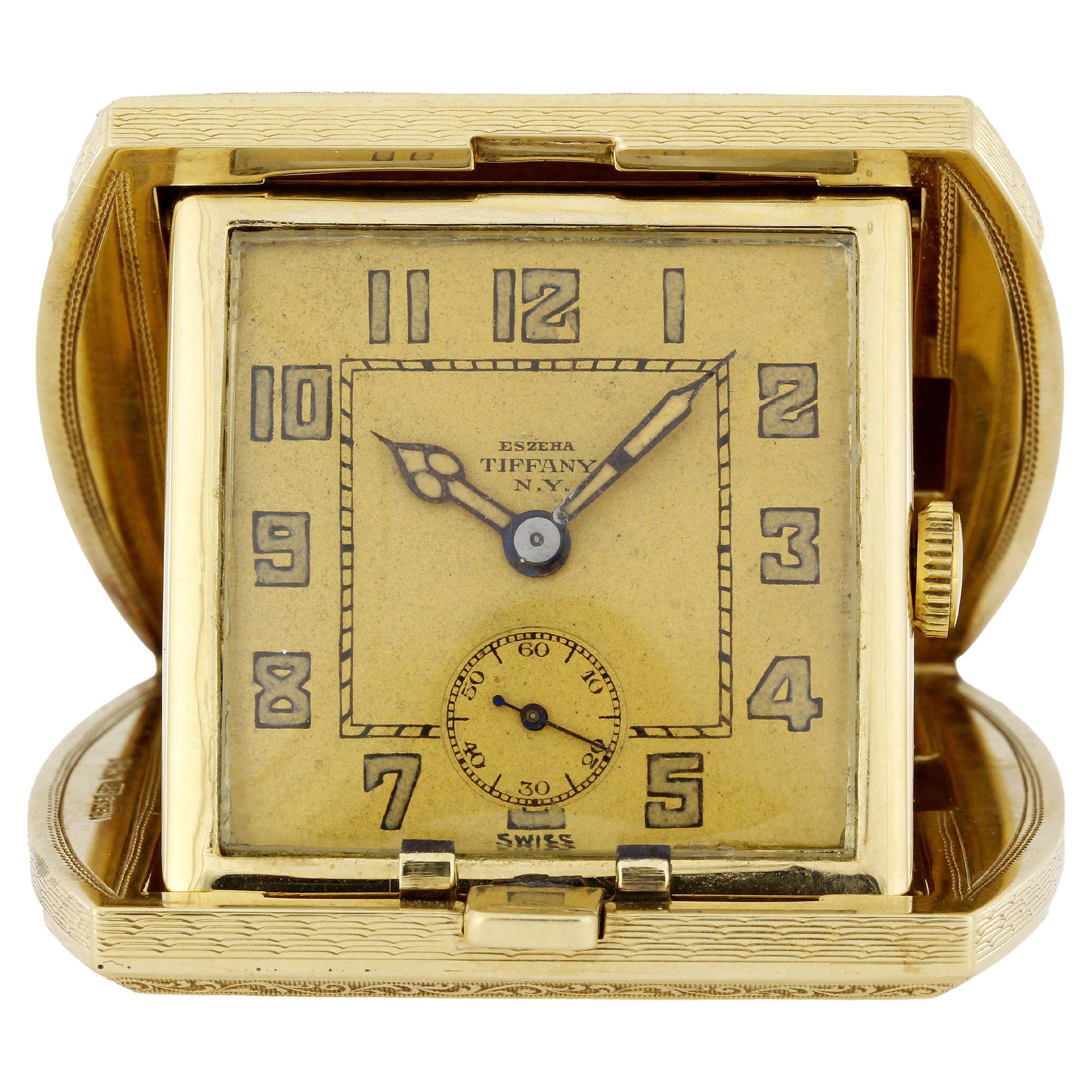 Tiffany & Co. ESZEHA Yellow Gold Travel Desk Clock, ca. 1920s