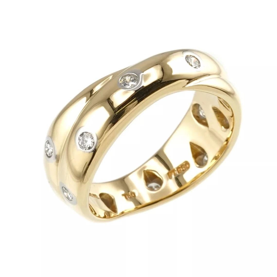 TIFFANY & Co. Etoile 18K Gold Diamond Twist Ring 6.5

Metal: 18K gold
Size: 6.5
Band Width: 7mm at the widest point
Weight: 8.40 grams 
Diamond: 12 round brilliant diamonds, carat total weight .27 
Hallmark: TIFFANY&CO. 750 PT950 
Condition: