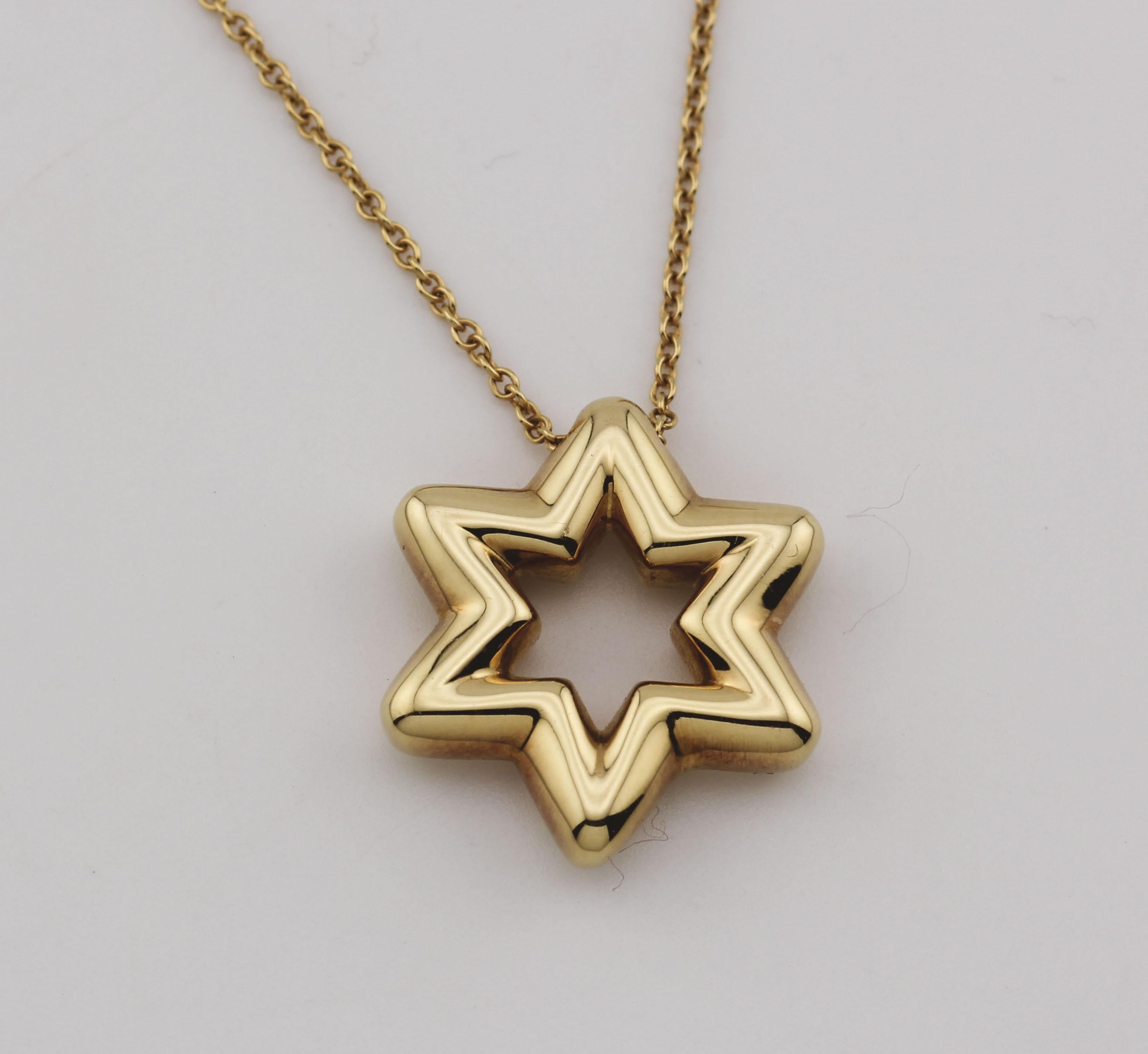 The Tiffany & Co. Etoile Diamond 18K Gold Platinum Star of David Pendant Necklace is a sophisticated piece that combines spiritual symbolism with Tiffany’s renowned elegance. 

This pendant features a beautifully crafted Star of David, crafted from