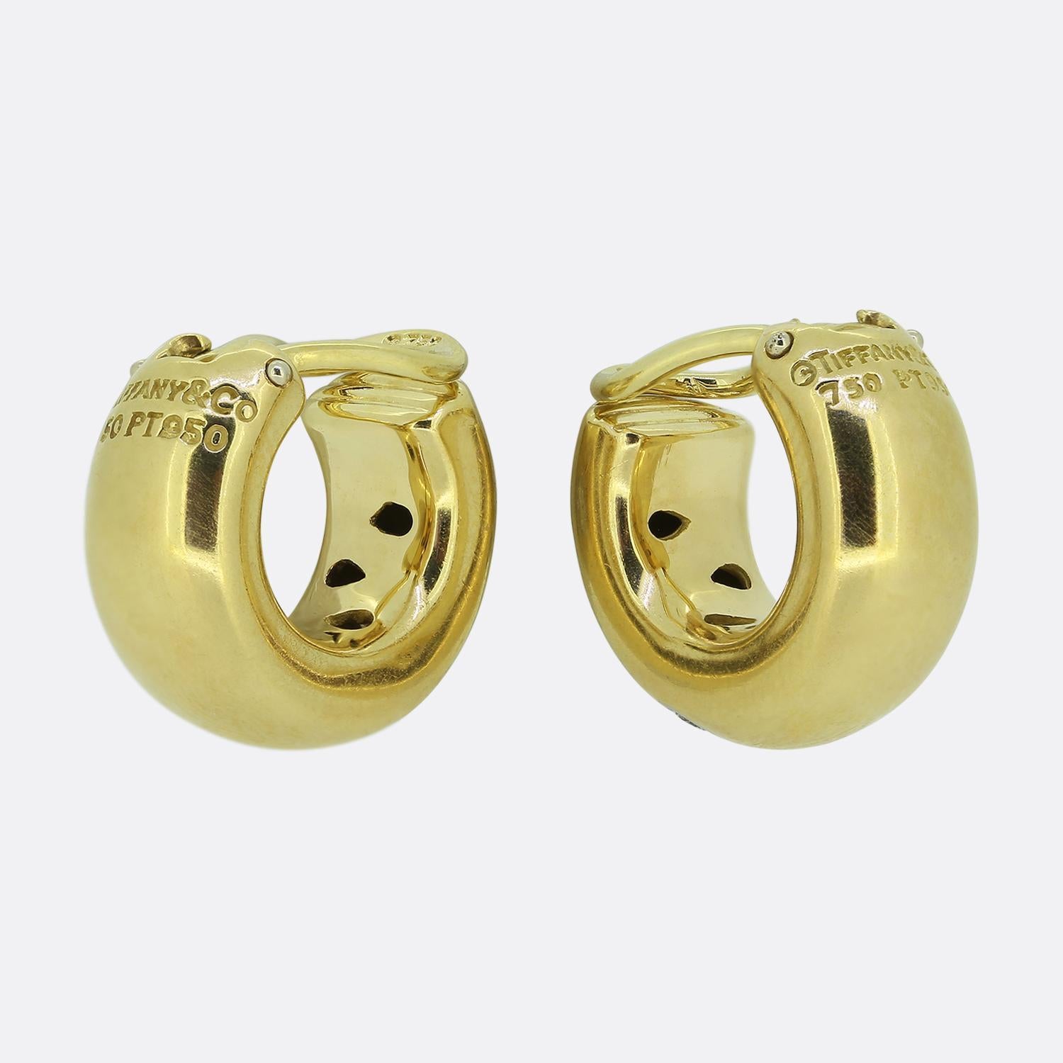 Here we have an iconic pair hoop earrings from the world renowned jewellery designer, Tiffany & Co. Each earring is crafted from luxurious 18ct yellow gold, featuring a smooth, rounded design. The surface is adorned with bright white round