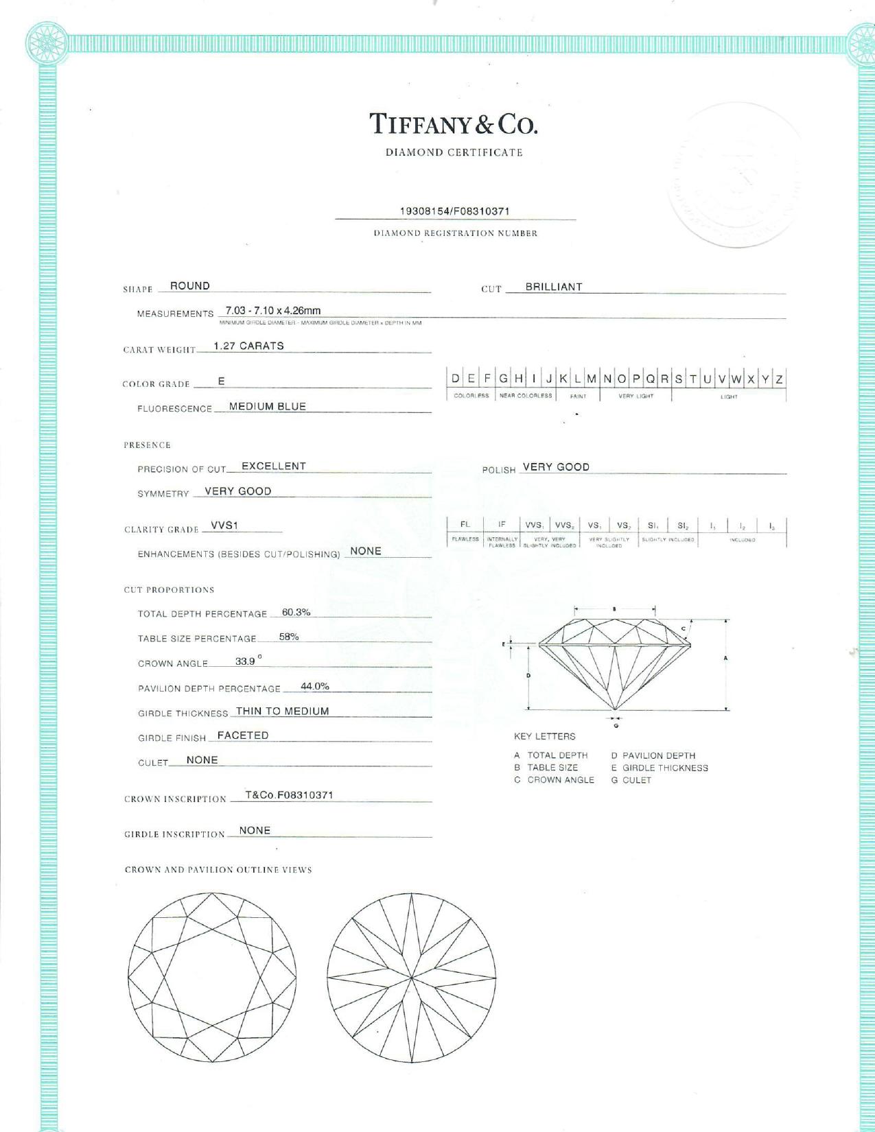 Tiffany & Co. Etoile Diamantring PT950 1,27 Karat E VVS1 runder Diamant für Damen oder Herren