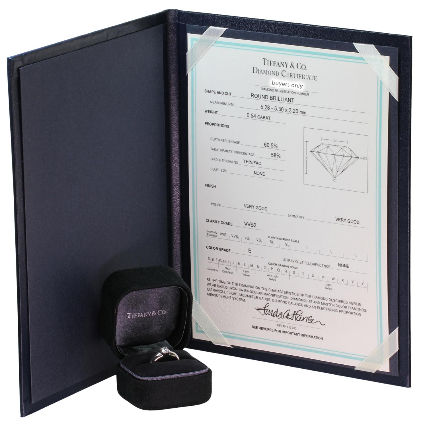 Tiffany & Co. Etoile Bague de fiançailles en platine avec diamant 0,54 TCW E VVS2, boîte et papiers d'origine en vente 4