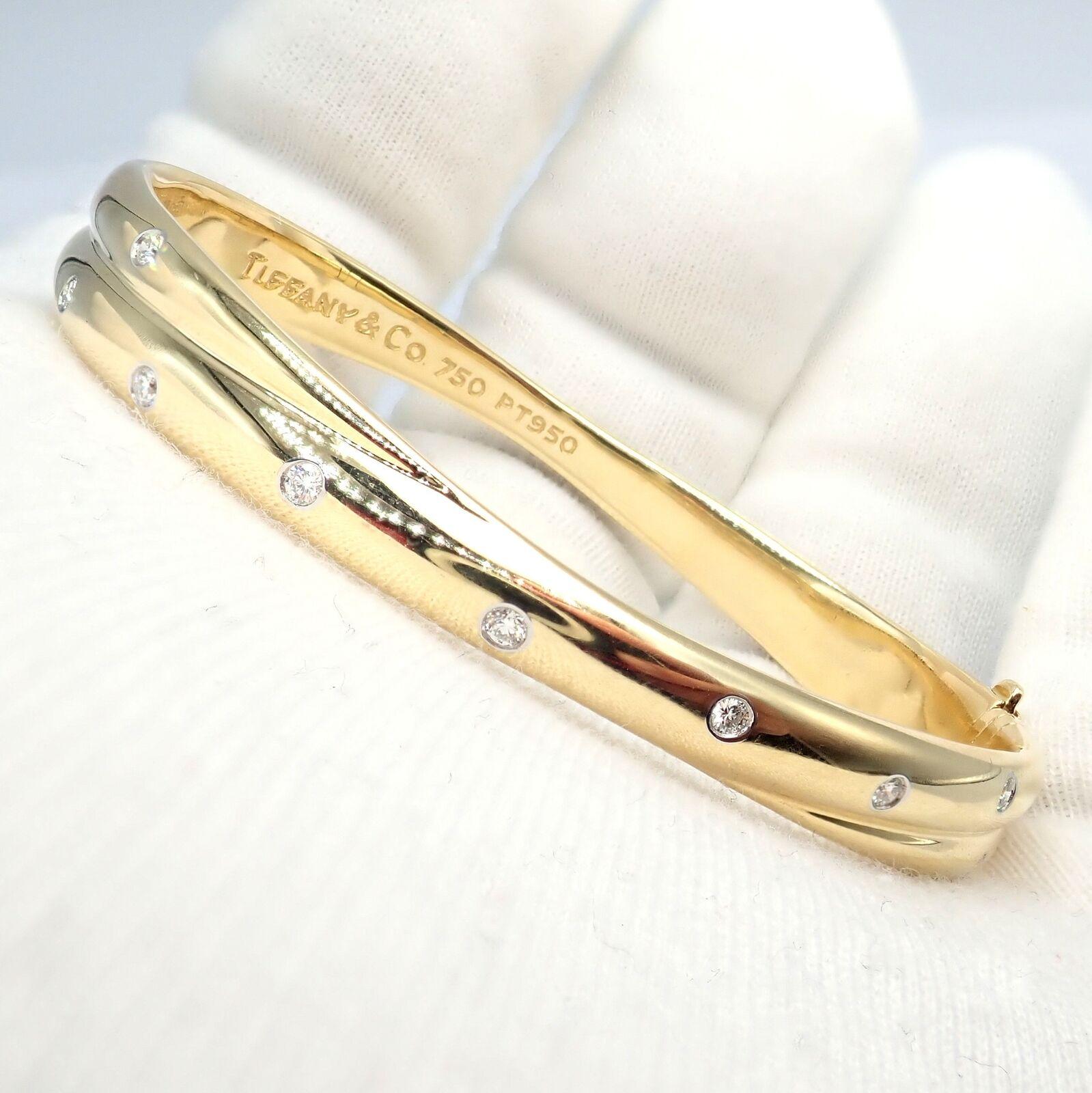 Tiffany & Co Etoile Diamond Yellow Gold Platinum Crossover Bangle Bracelet 1