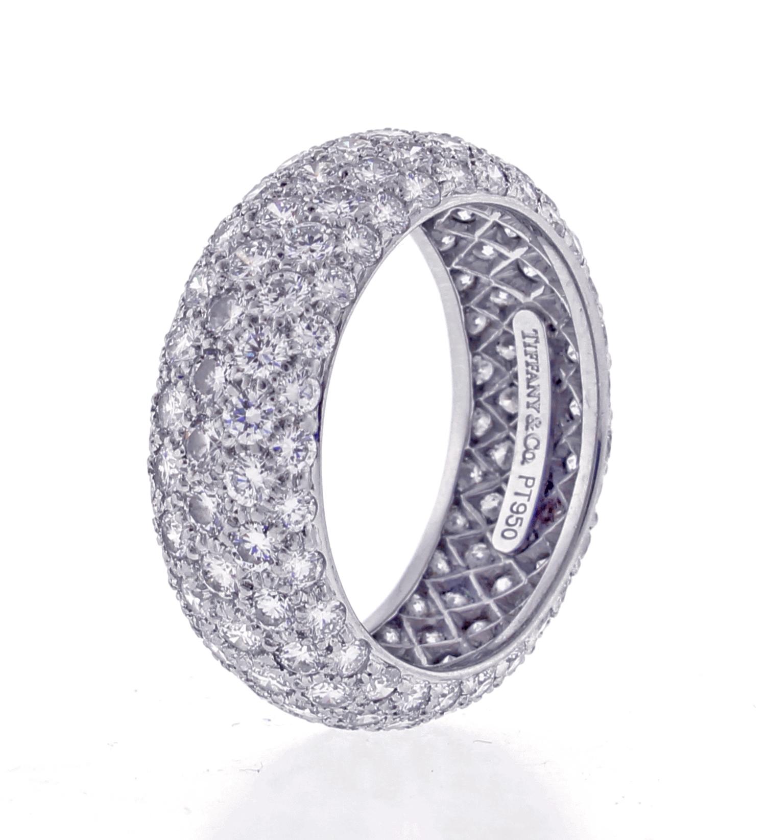 From Tiffany & Co. Etoile collection, thier five-row band ring with round brilliant diamonds pavé-set in platinum.
♦ Designer:Tiffany & Co
♦ Metal:Platinum
♦ Gem stone: Diamonds = 3.75 carat E-F color VVS
♦ 7½mm wide
♦ Circa 2018
♦ Size 7, 
♦