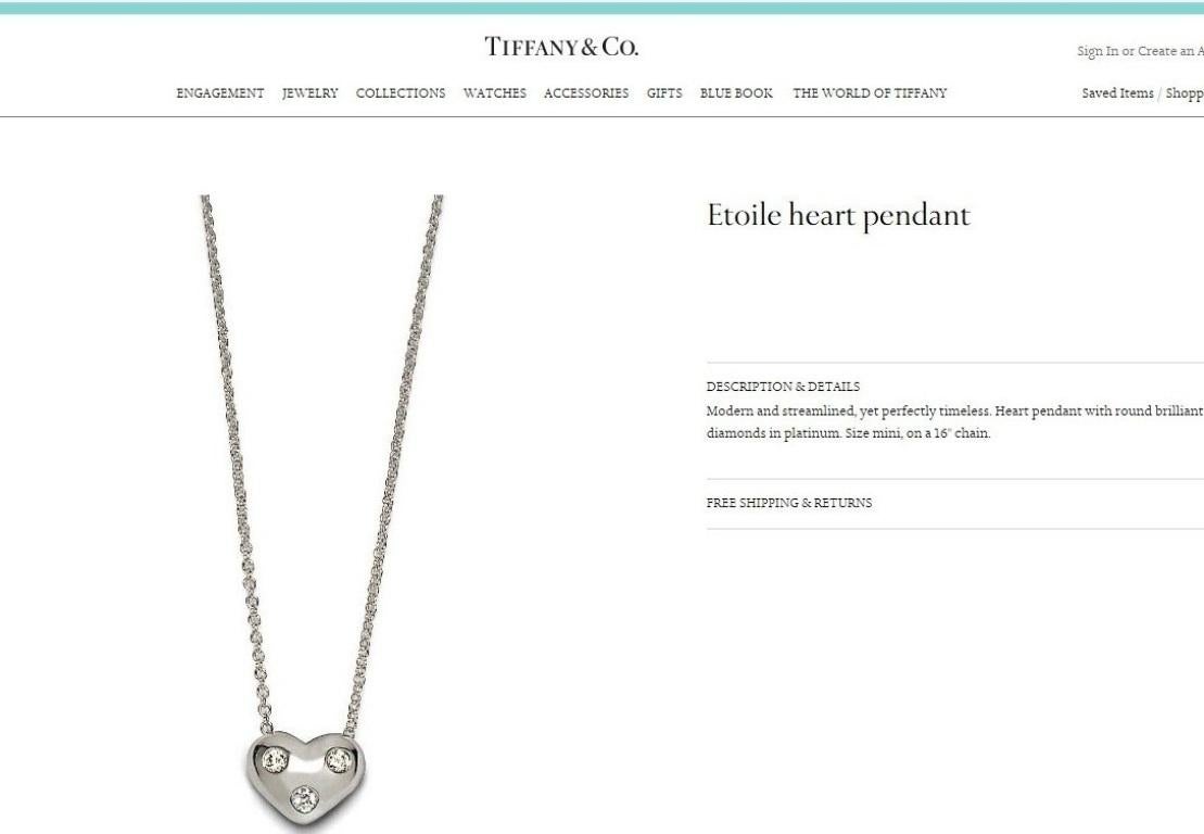 TIFFANY & Co. Etoile Platinum 3 Diamond Heart Pendant Necklace For Sale 4