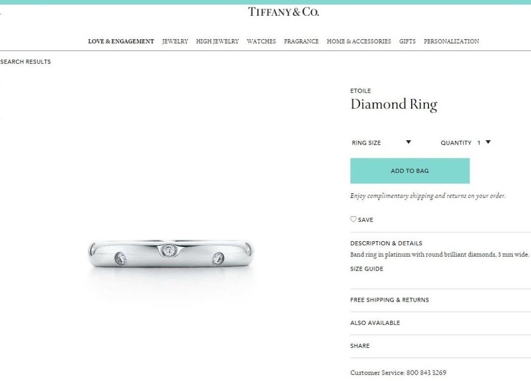 TIFFANY & Co. Etoile, bague à anneau de 3 mm en platine et diamants 4,5 en vente 2