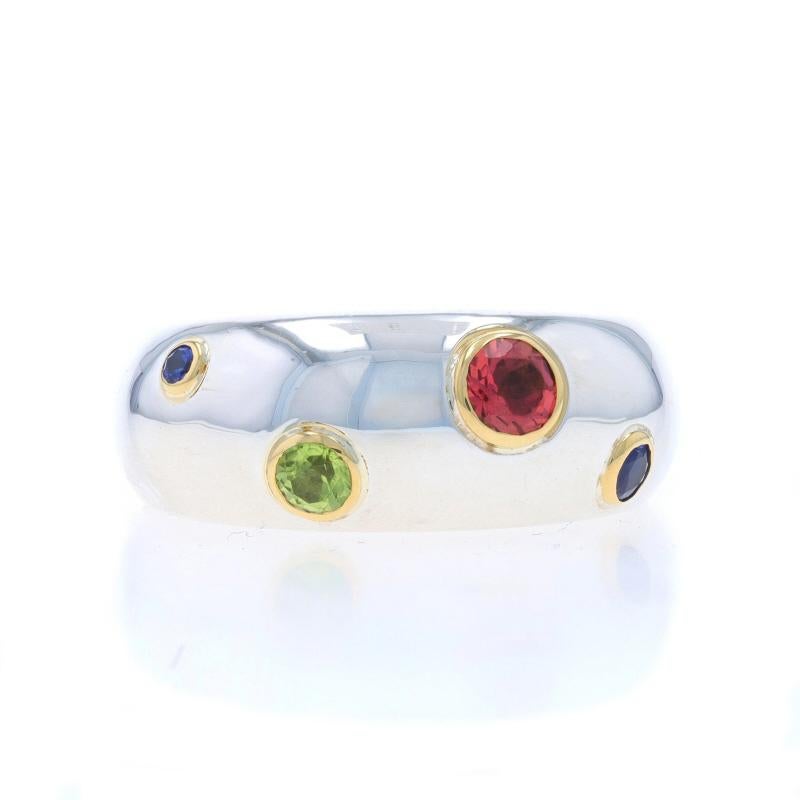 Size: 8

Brand: Tiffany & Co.
Collection: Etoile
Design:  Gemstone Ring

Metal Content: Sterling Silver & 18k Yellow Gold

Stone Information

Natural Tourmaline
Cut: Round
Color: Pink

Natural Peridot
Cut: Round
Color: Green

Natural