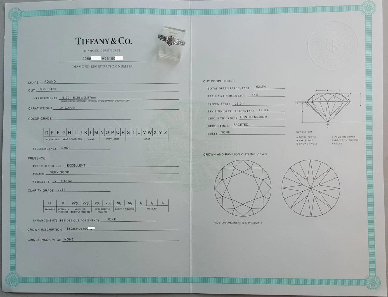 Tiffany & Co. Anello di fidanzamento con diamante in platino F VVS1  Una splendida Tiffany & Co. In condizioni Nuovo in vendita a Chicago, IL