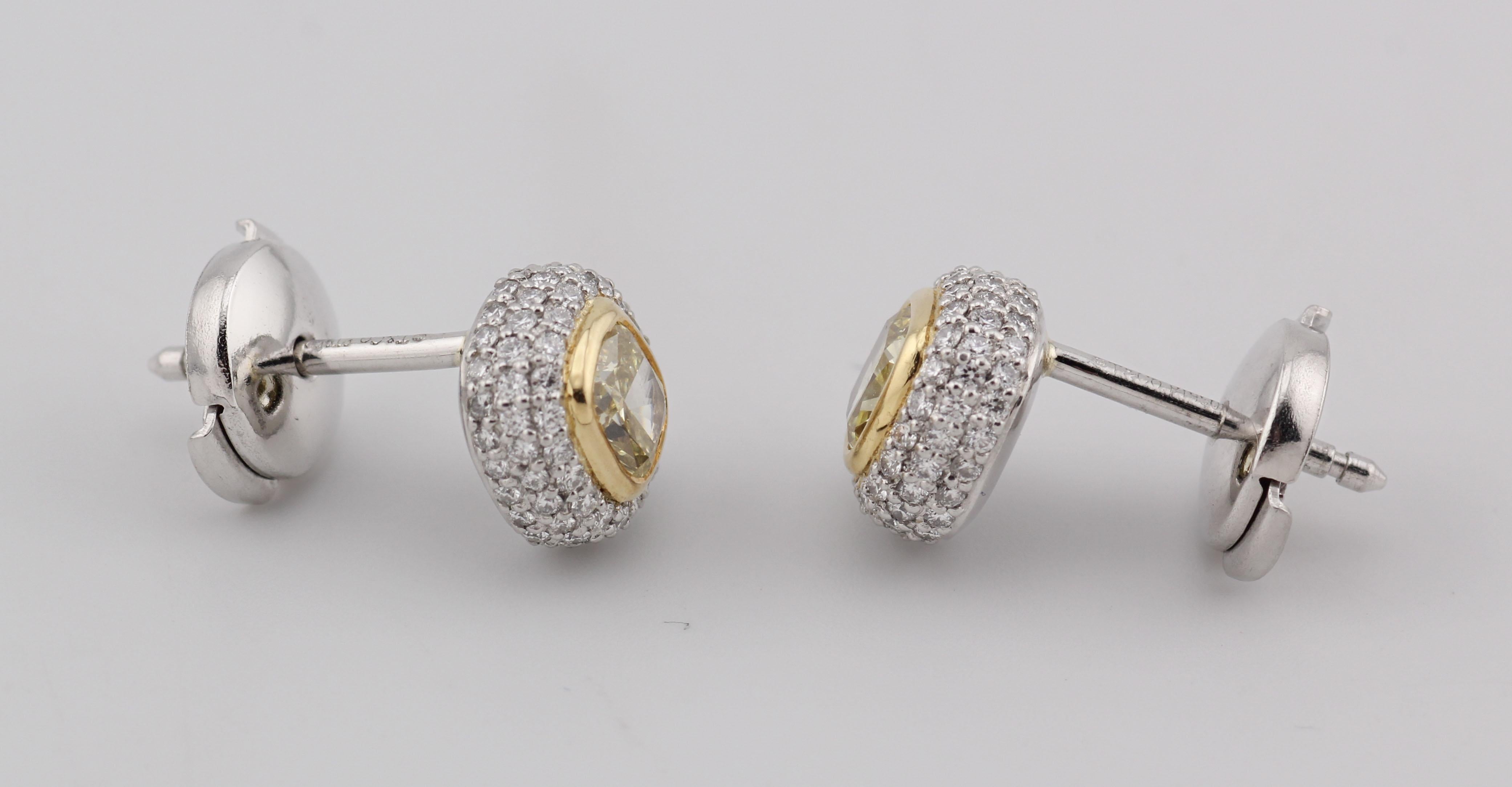 Cushion Cut Tiffany & Co Fancy Intense Yellow .86 Ct Pave Diamond Stud Earrings w/Box Papers For Sale
