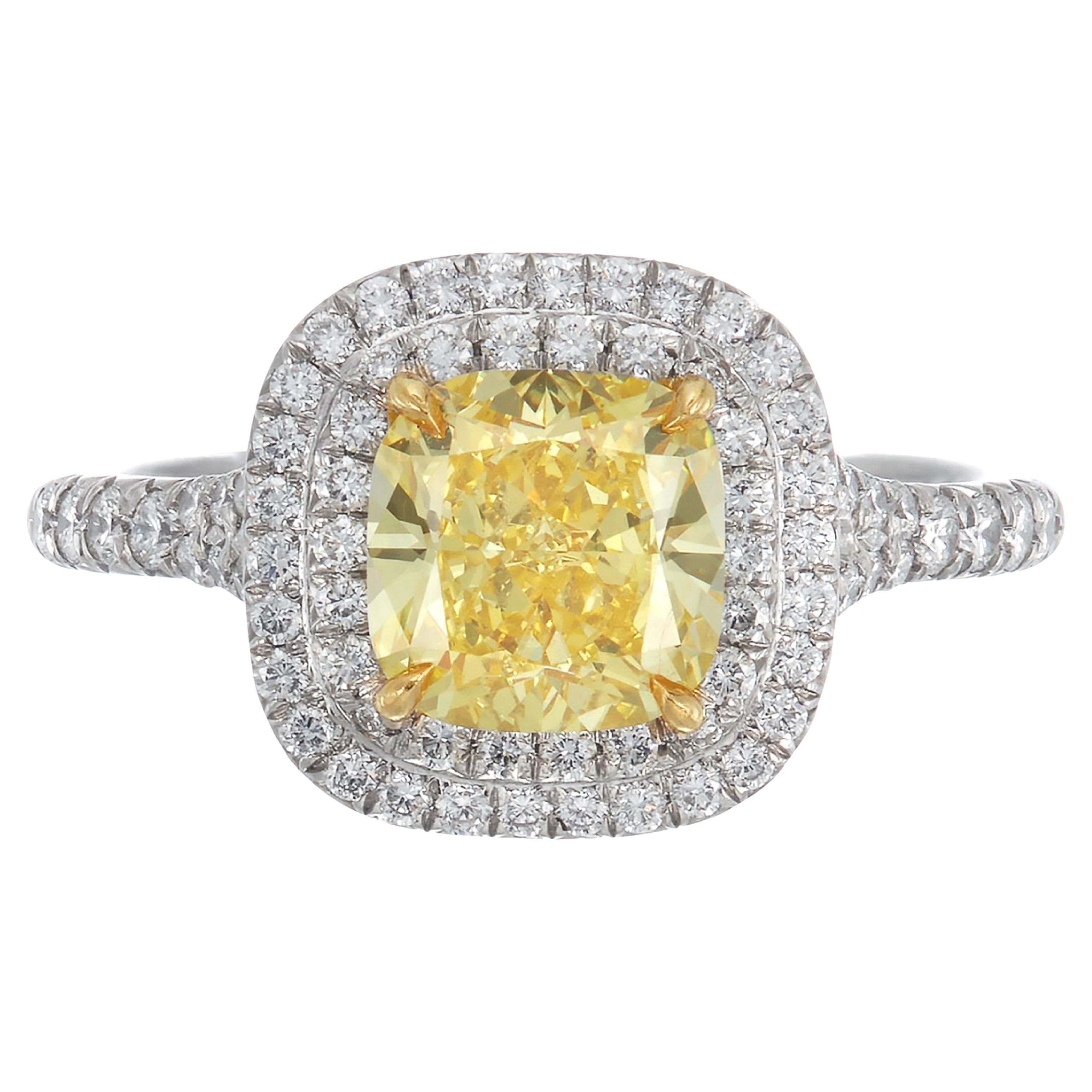 Tiffany and Co. Fancy Vivid Yellow Cushion Diamond Ring For Sale at 1stDibs