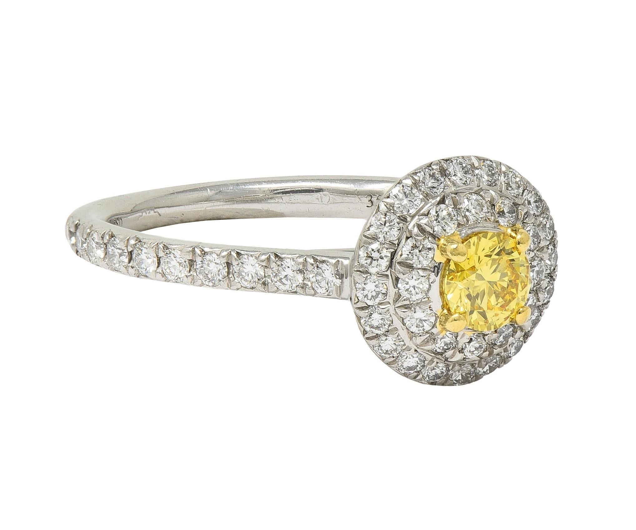 Tiffany & Co. Fancy Vivid Gelber Diamant Platin Gelbgold Soleste Halo-Ring (Rundschliff)