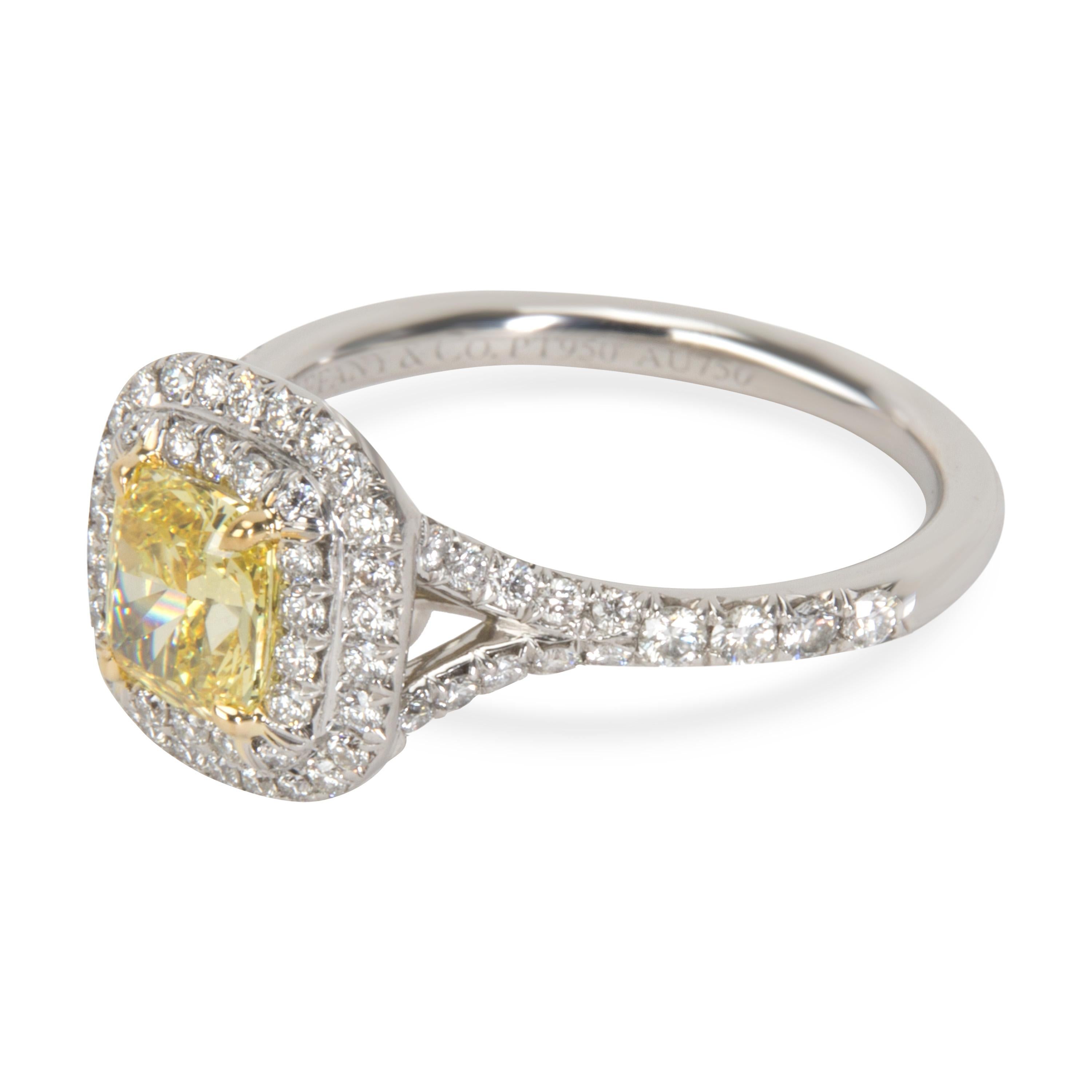 Cushion Cut Tiffany & Co. Fancy Yellow Double Halo Diamond Engagement Ring in Platinum