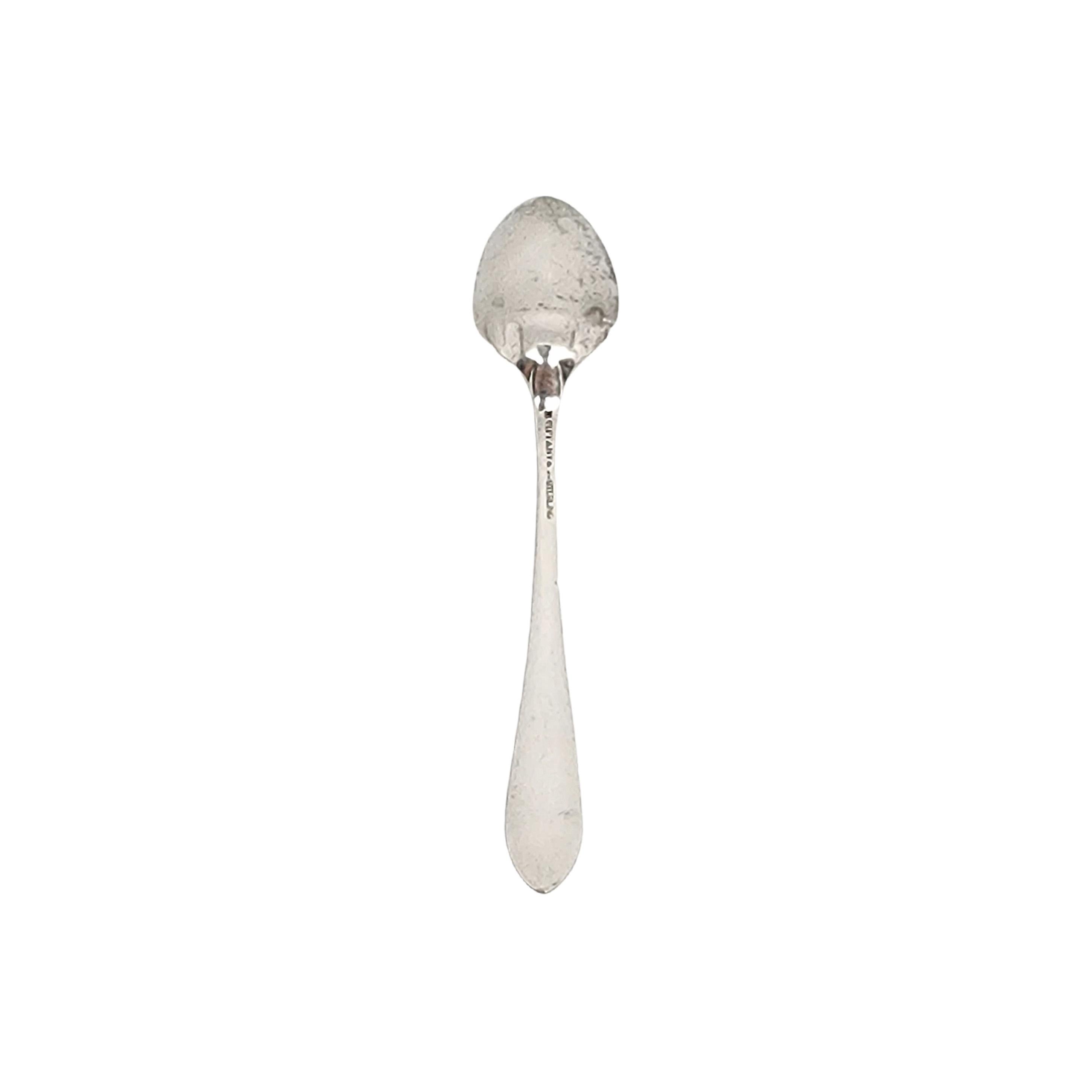 Sterling silver demitasse spoon by Tiffany & Co in the Faneuil pattern with monogram

Monogram appears to be D

The Faneuil pattern was in production from 1910-1955 and was named for Faneuil Hall in Boston, MA. The pattern's simple and elegant