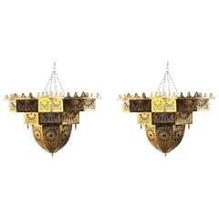 Vintage Moroccan Brass and Colored Glass Chandelier, a Pair