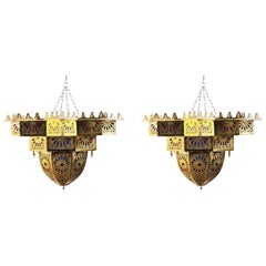 Vintage Moroccan Brass and Colored Glass Chandelier, a Pair