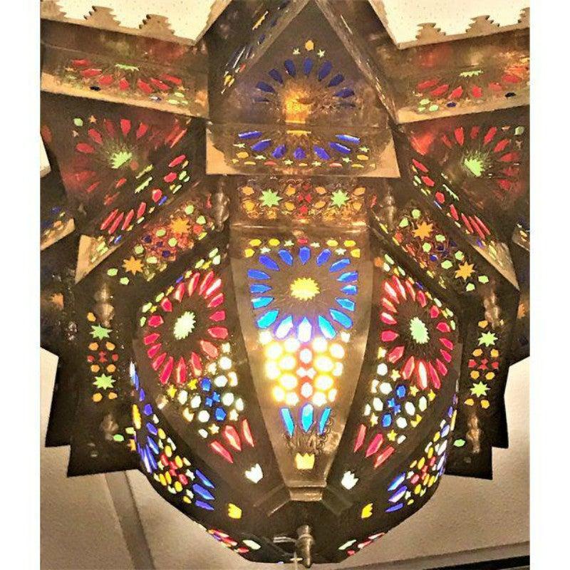 Moorish Vintage Moroccan Brass and Colored Glass Chandelier For Sale