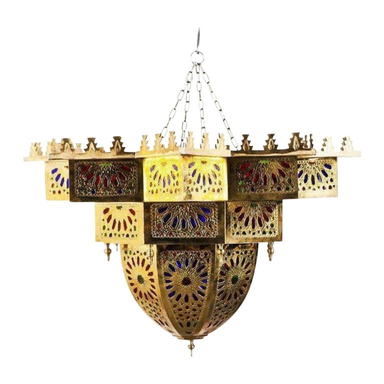 Vintage Moroccan Brass and Colored Glass Chandelier