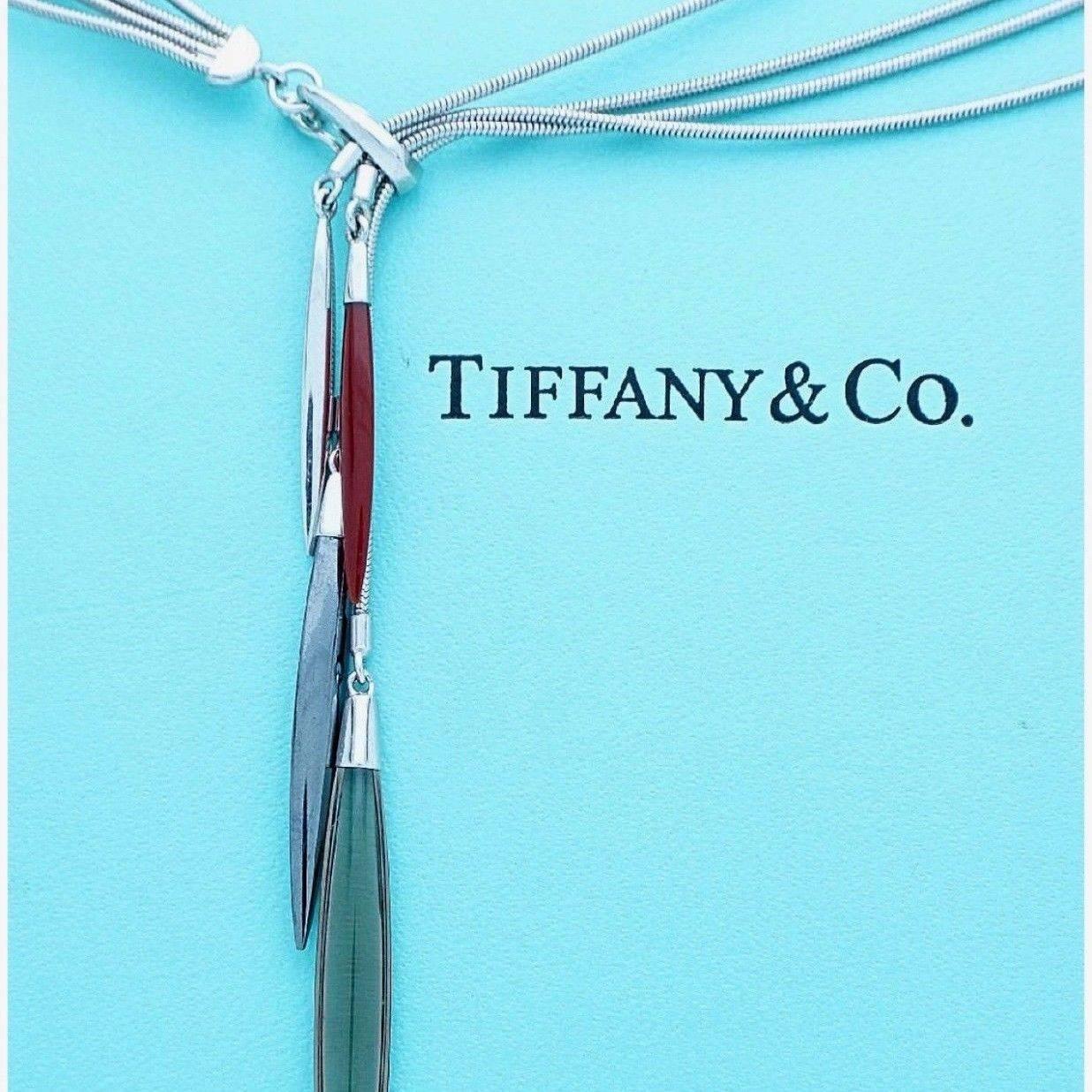 Tiffany & Co. Feather Lariat 18k Gold 4 Strand Lucite, Hematite & Agate Necklace In Excellent Condition In San Diego, CA