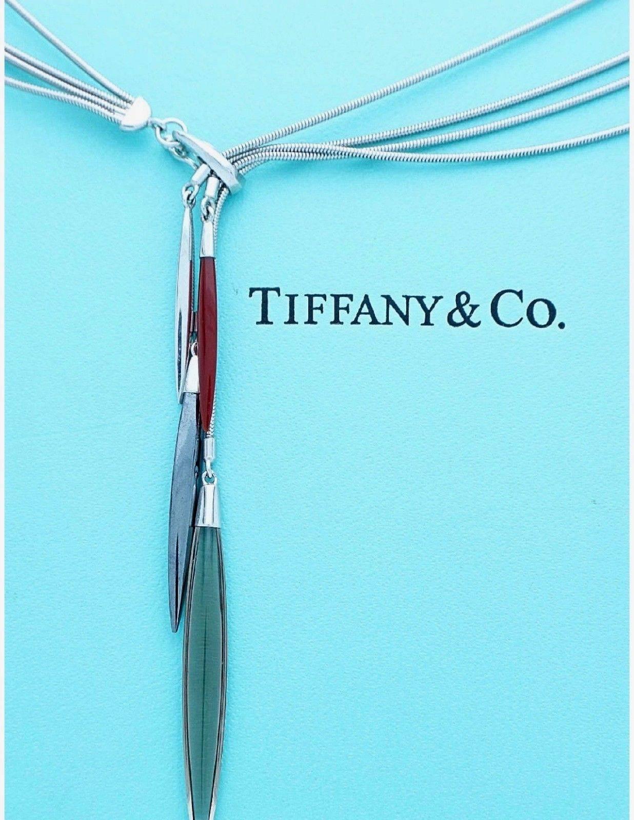 Women's Tiffany & Co. Feather Lariat 18k Gold 4 Strand Lucite, Hematite & Agate Necklace