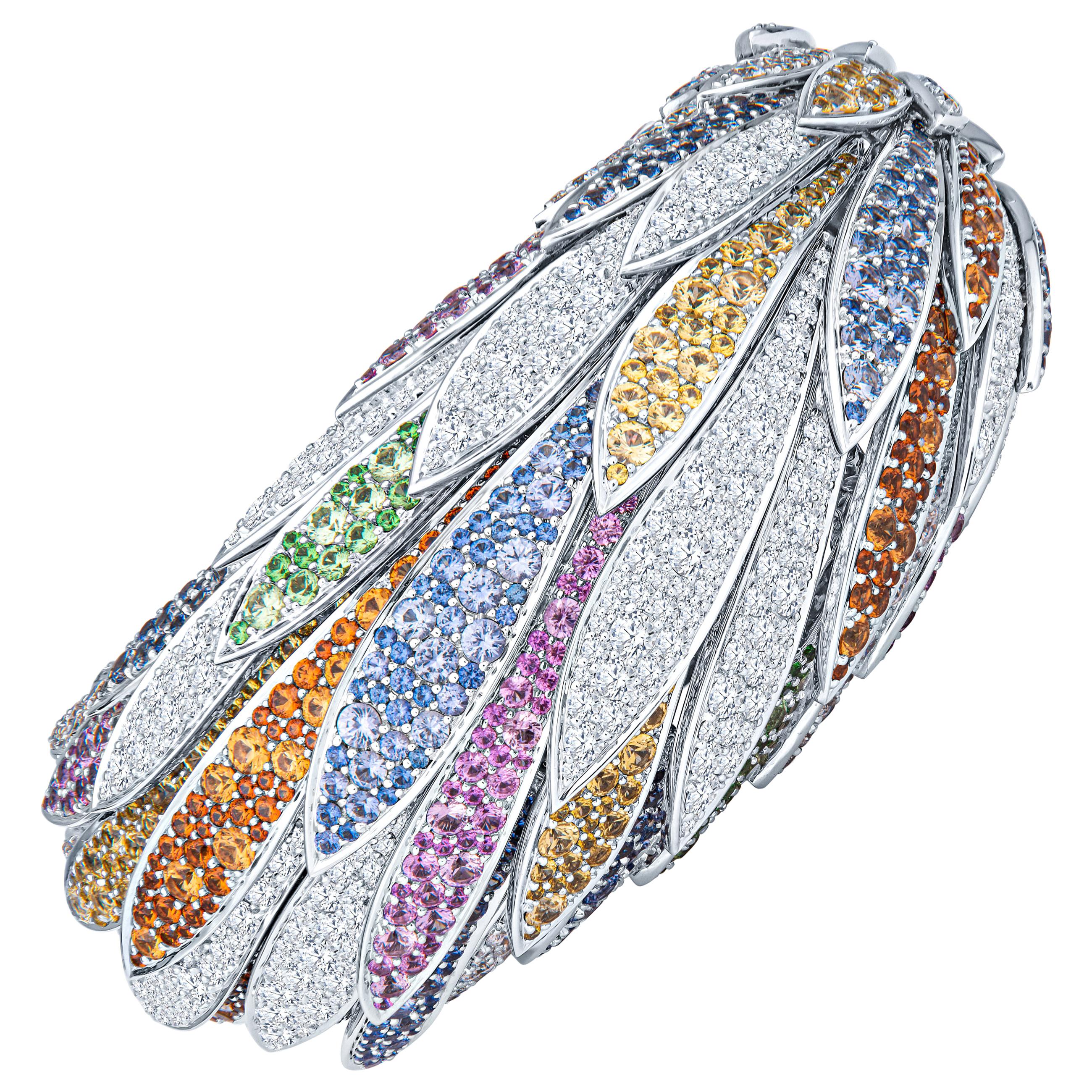 Tiffany & Co. Feathered Cloak Platinum Garnet, Sapphire, Diamond Cuff Bracelet For Sale