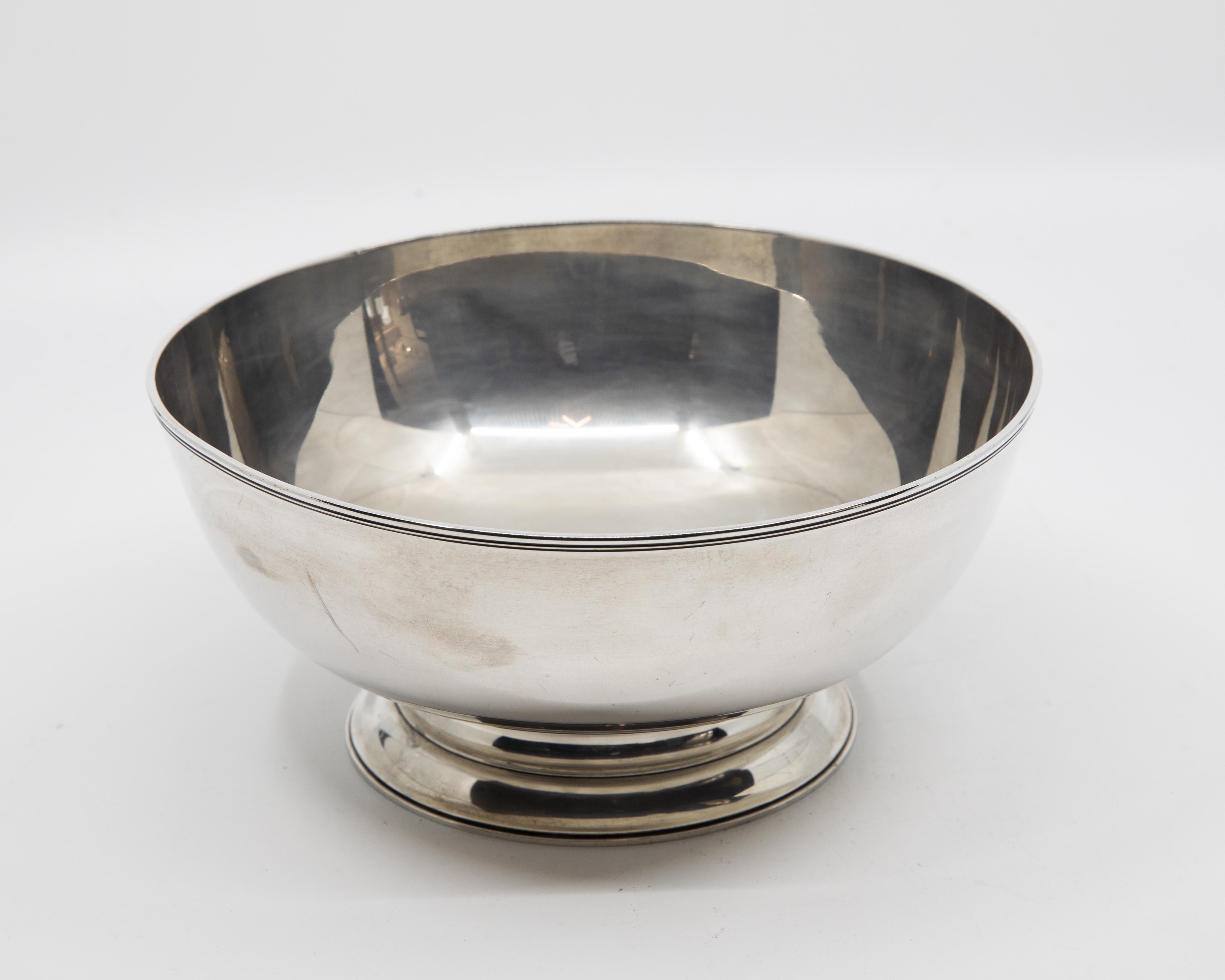Tiffany & Co sterling silver footed bowl marked Federal-style sterling silver bowl. Made by Tiffany & Co. in New York. Bowl has curved sides, reeded rim, and stepped foot. Spare Classicism after a historic prototype. Hallmark includes pattern no.