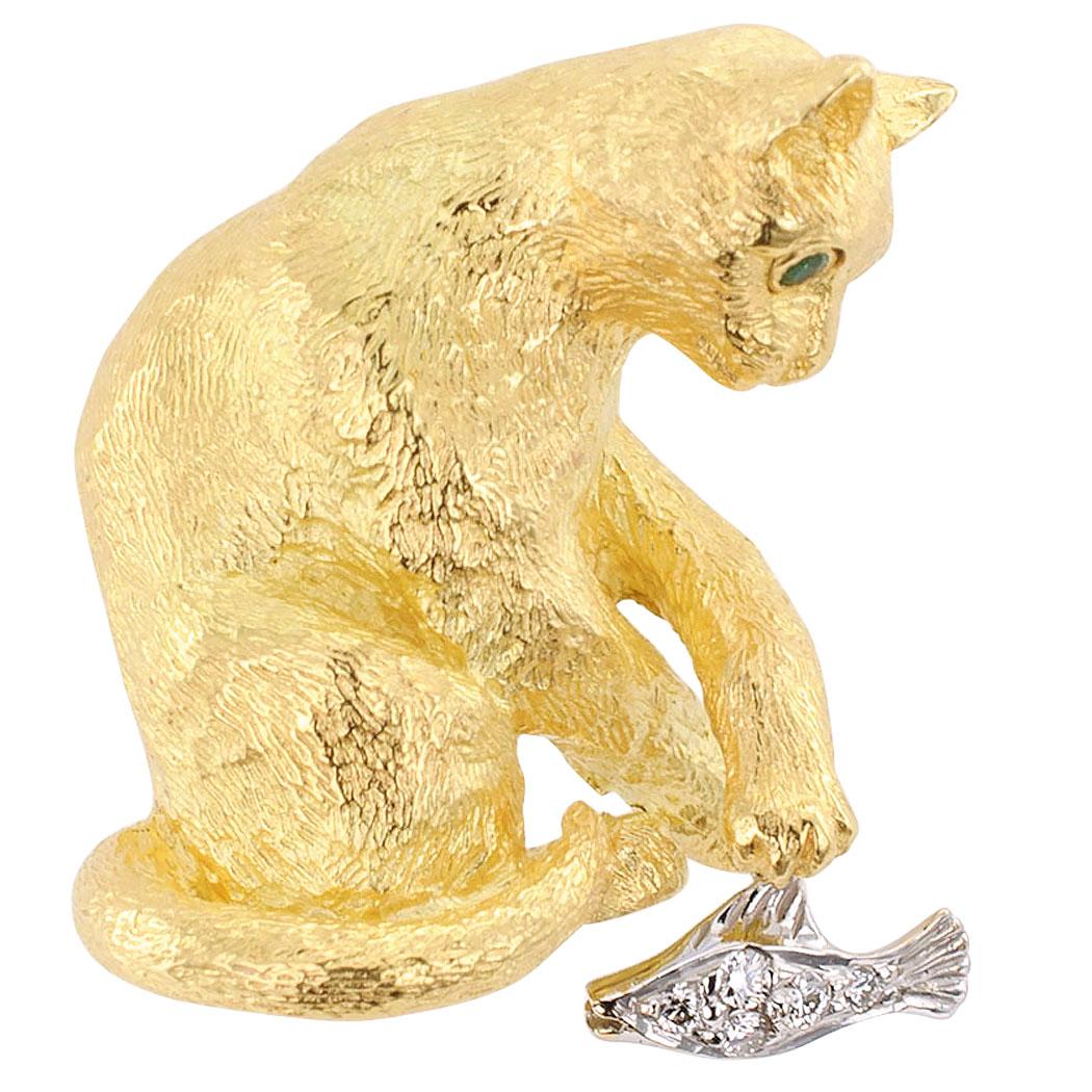 Tiffany 
Co. Figural Cat Brooch Emeralds Diamonds Gold