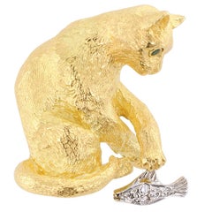 Retro Tiffany & Co. Figural Cat Brooch Emeralds Diamonds Gold