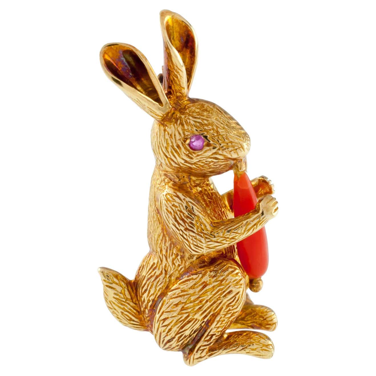 Tiffany and Co. Figural Rabbit Brooch with Coral Carrot in Yellow Gold ...