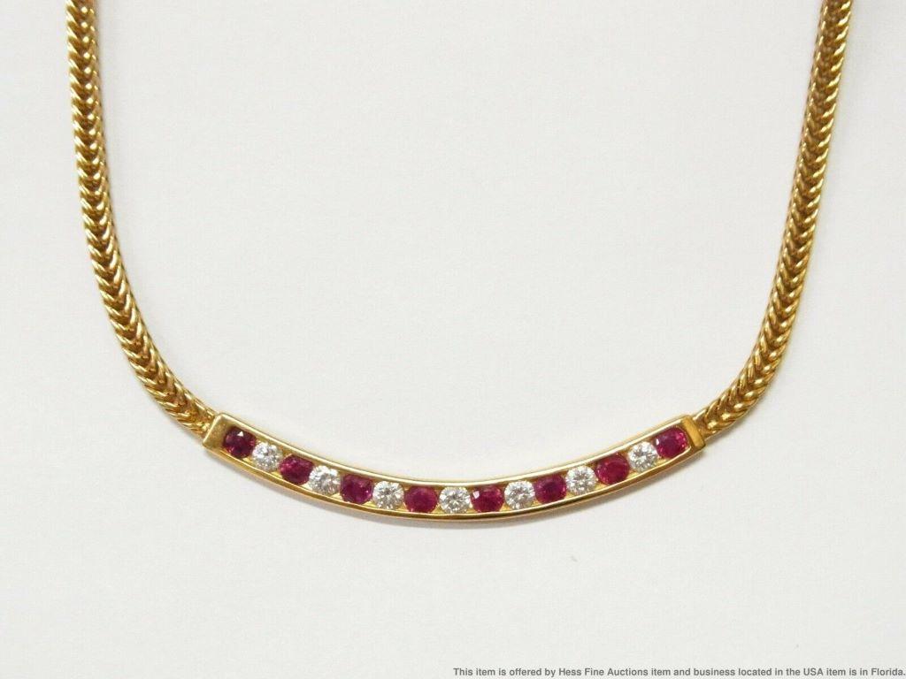 Tiffany Co Fine Natural Ruby Diamond 18k Gold Necklace Vintage 1998 w Box Papers In Good Condition In St. Petersburg, FL
