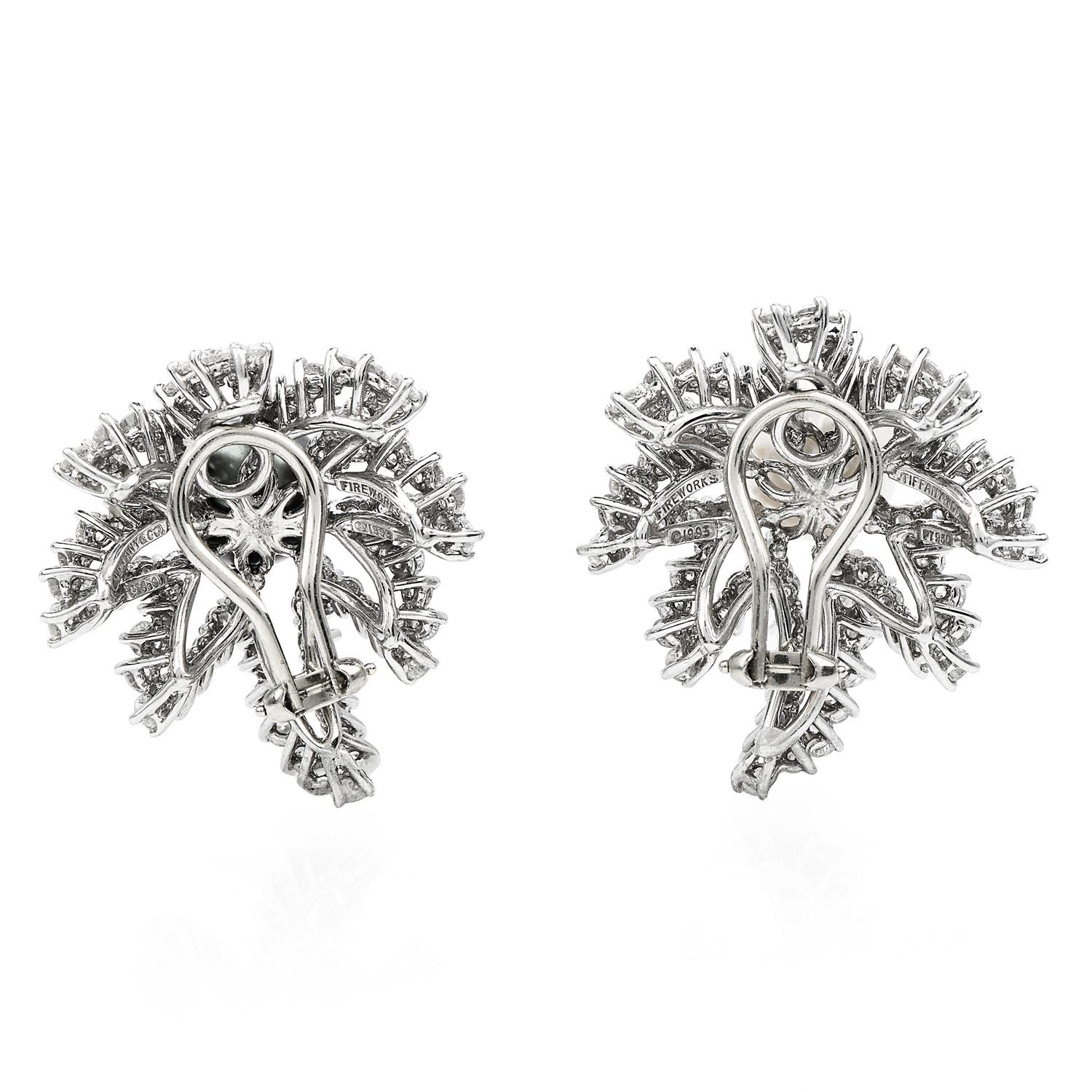 Round Cut Tiffany & Co. Fireworks 4.50cts Diamond Pearl Platinum Earrings