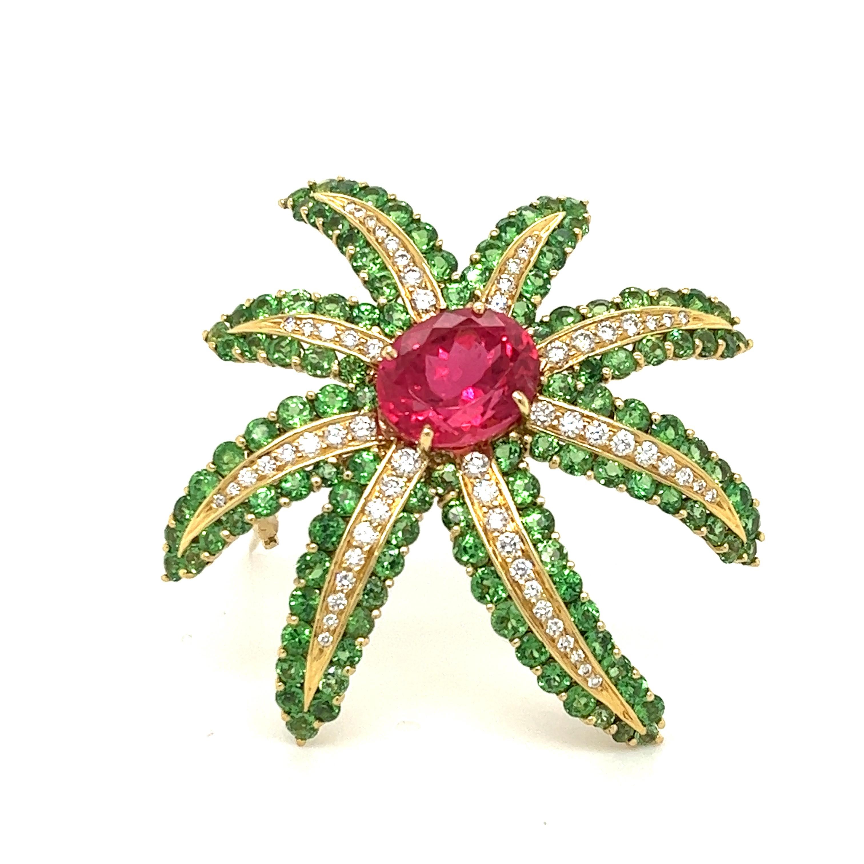 One fantastic design seen on this Tiffany & Co. brooch. The brooch is crafted in 18k yellow gold and explodes with color.  The piece is from the Fireworks collections crated in 1993. 

The brooch highlights one Pink Tourmaline gemstone that is oval