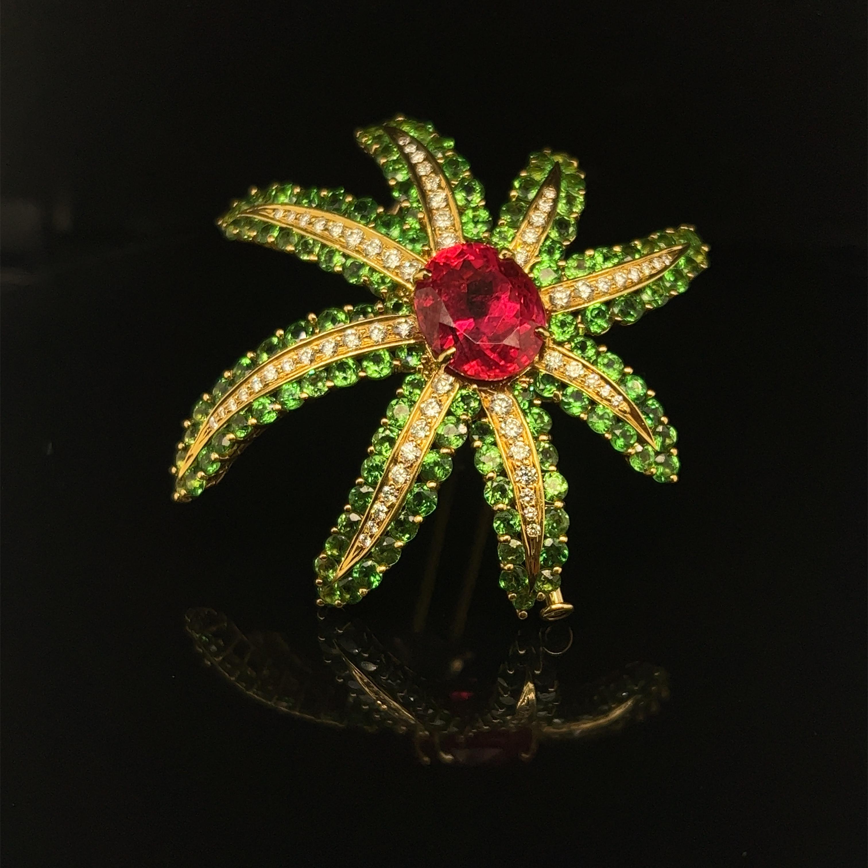 Tiffany & Co. Fireworks Brooch Pink Tourmaline Tsavorite Garnet & Diamonds 18k In Excellent Condition In MIAMI, FL