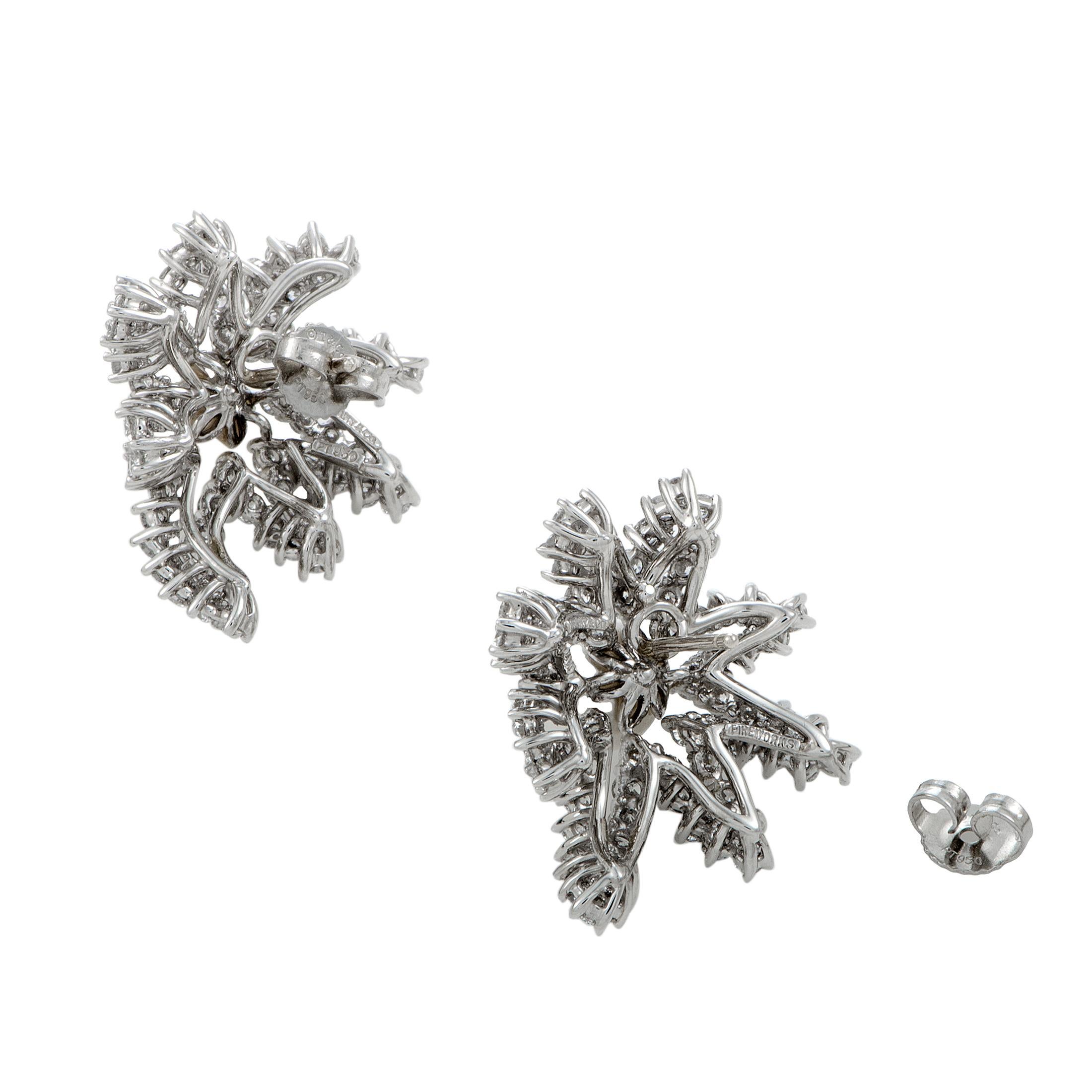 Add a luxe touch of lustrous glisten to your ensembles with these fascinating platinum earrings that are presented by Tiffany & Co. within the compelling “Fireworks” collection. The pair is embellished with sublime pearls and with dazzling diamonds
