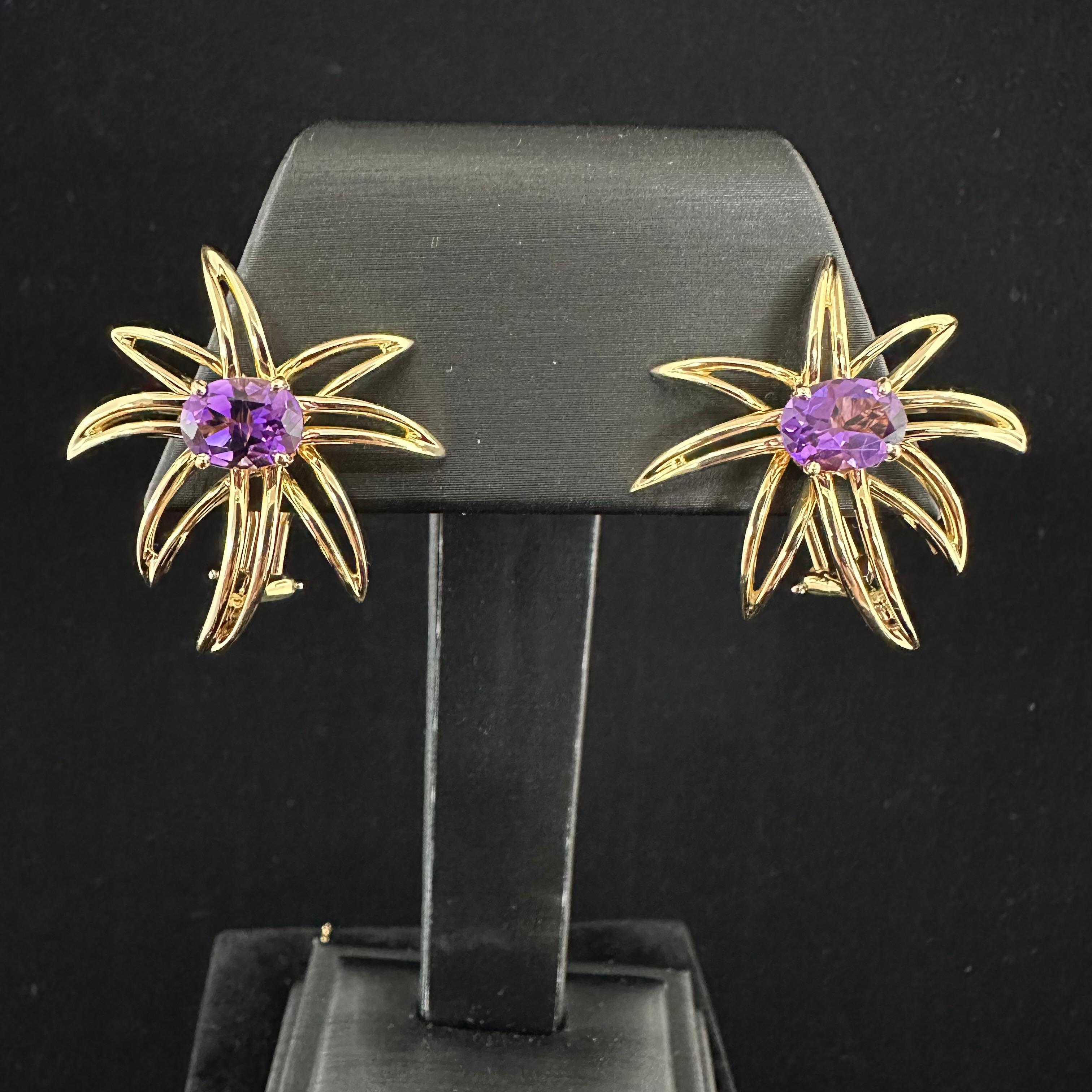 Oval Cut Tiffany & Co Fireworks Earrings Amethyst and 18k Yellow Gold  For Sale
