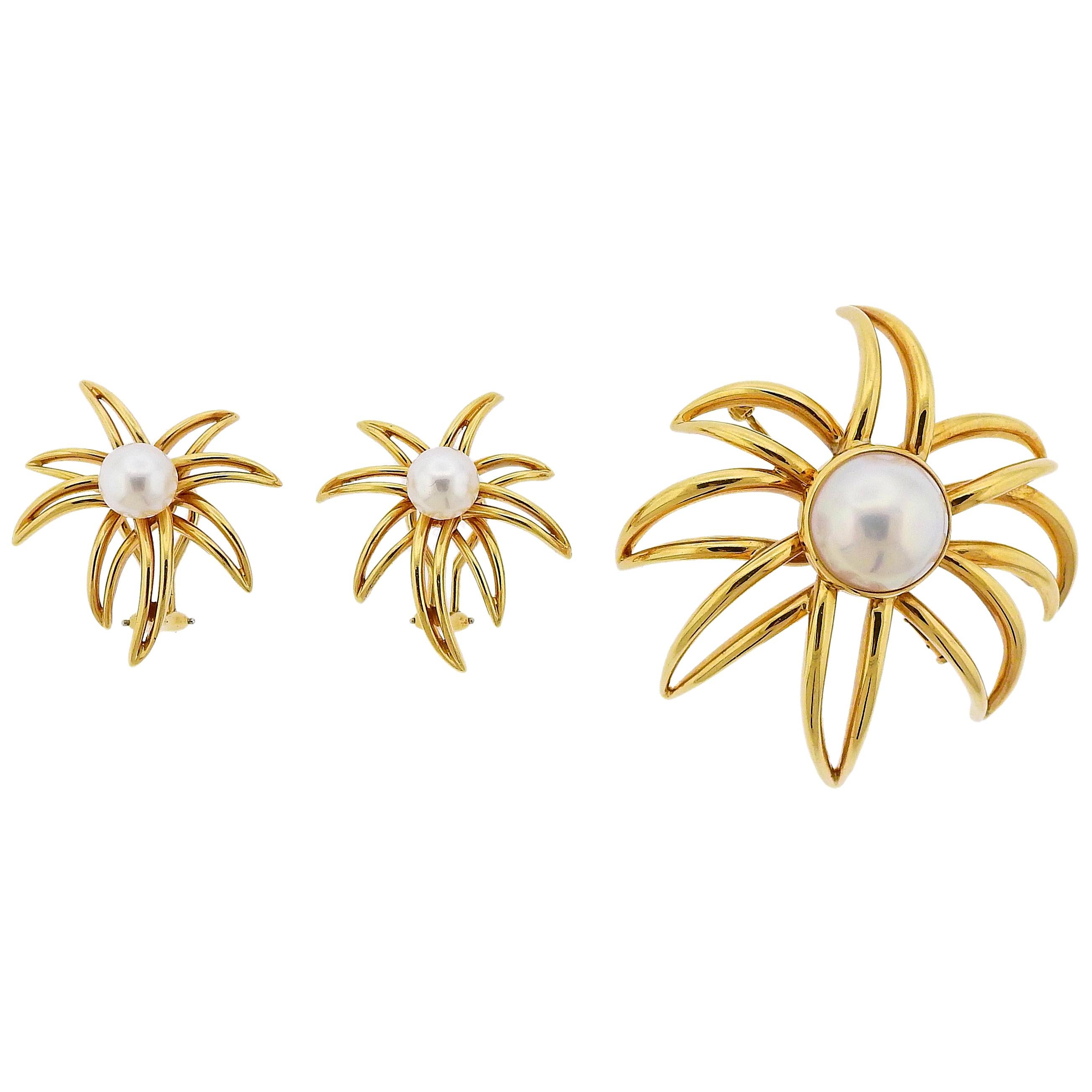 Tiffany & Co. Fireworks Pearl Gold Earrings Brooch Set