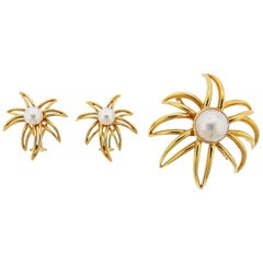 Vintage Tiffany & Co. Fireworks Pearl Gold Earrings Brooch Set