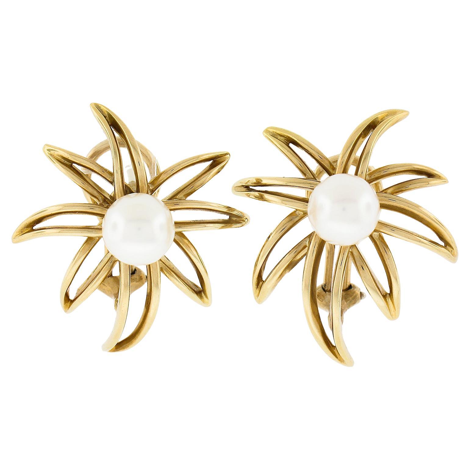 Tiffany & co. Fireworks Spray Burst 18K Gold 7.5mm Round Akoya Pearl Earrings