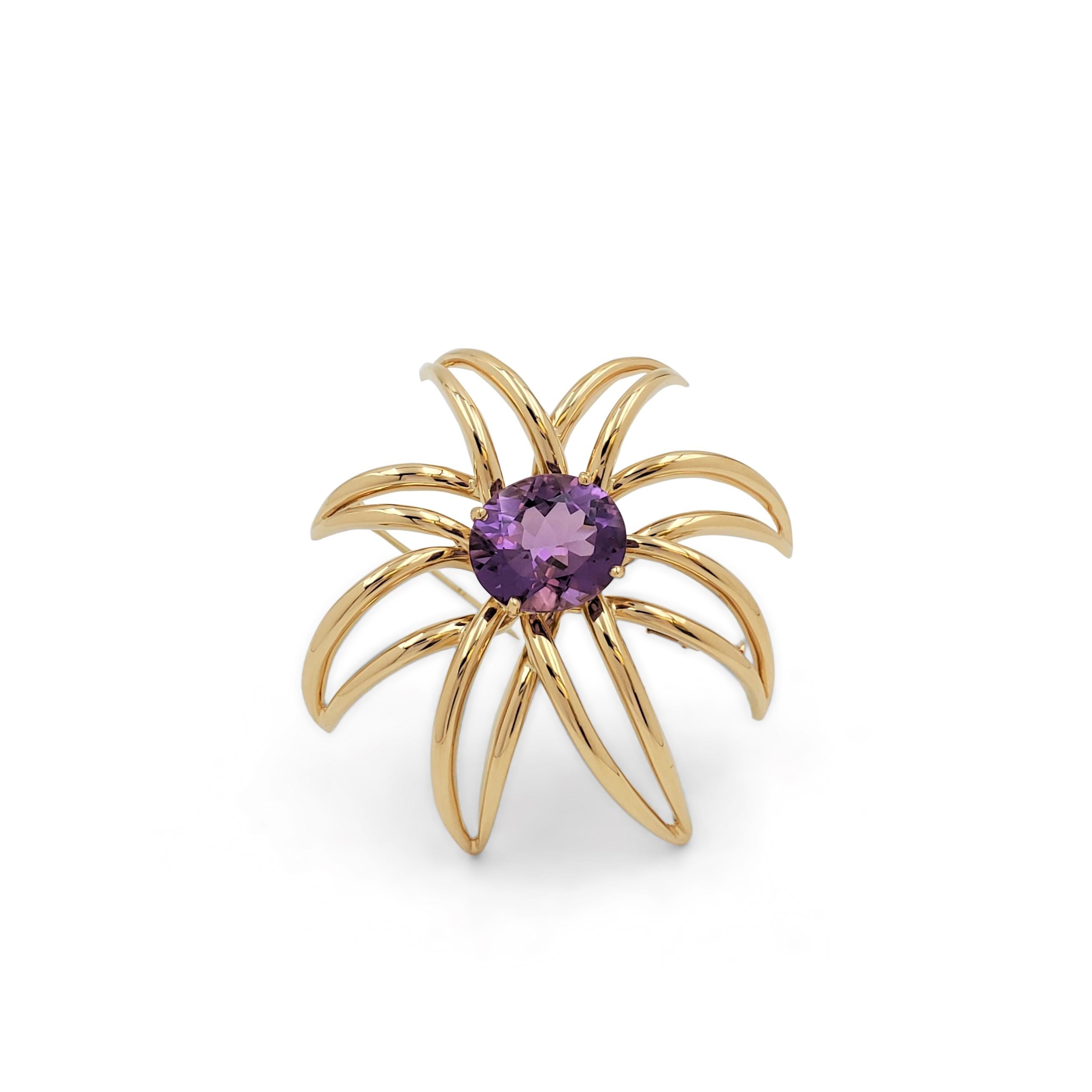 Authentic Tiffany & Co. 'Fireworks' brooch crafted in 18 karat yellow gold features an oval-shaped amethyst stone weighing approximately 7.00-8.00 carats. Signed 1994, Tiffany & Co., 750, Fireworks. The brooch is presented with the original box, no