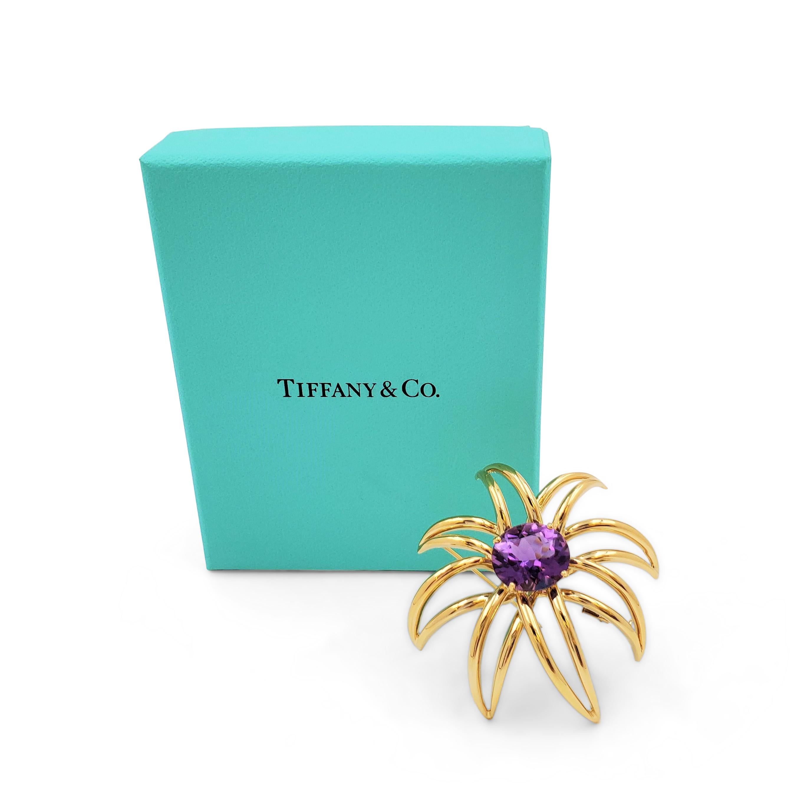 Oval Cut Tiffany & Co. 'Fireworks' Yellow Gold and Amethyst Brooch