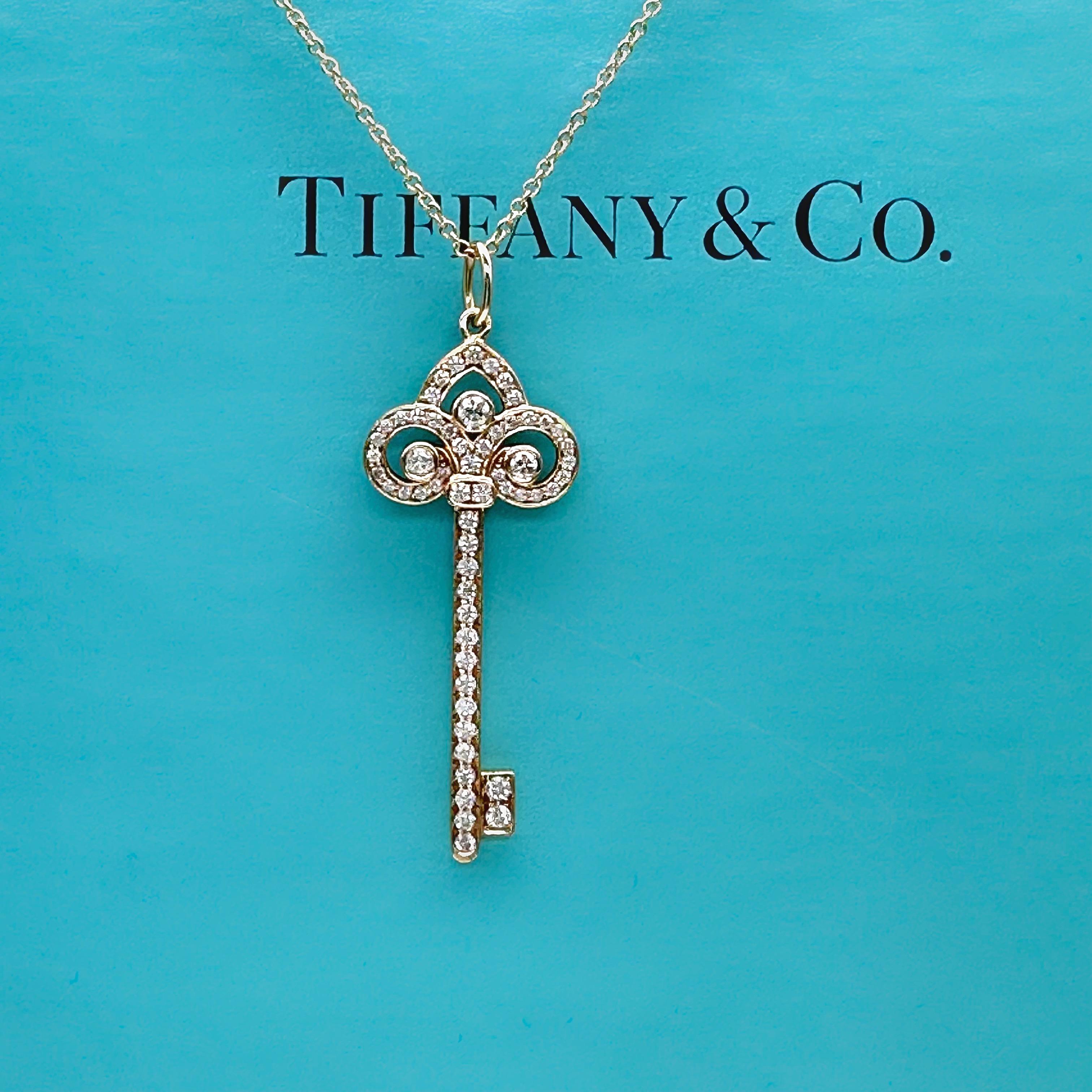 Tiffany & Co Fleur De Lis Diamond Key Pendant in 18 Karat Rose Gold For Sale 2