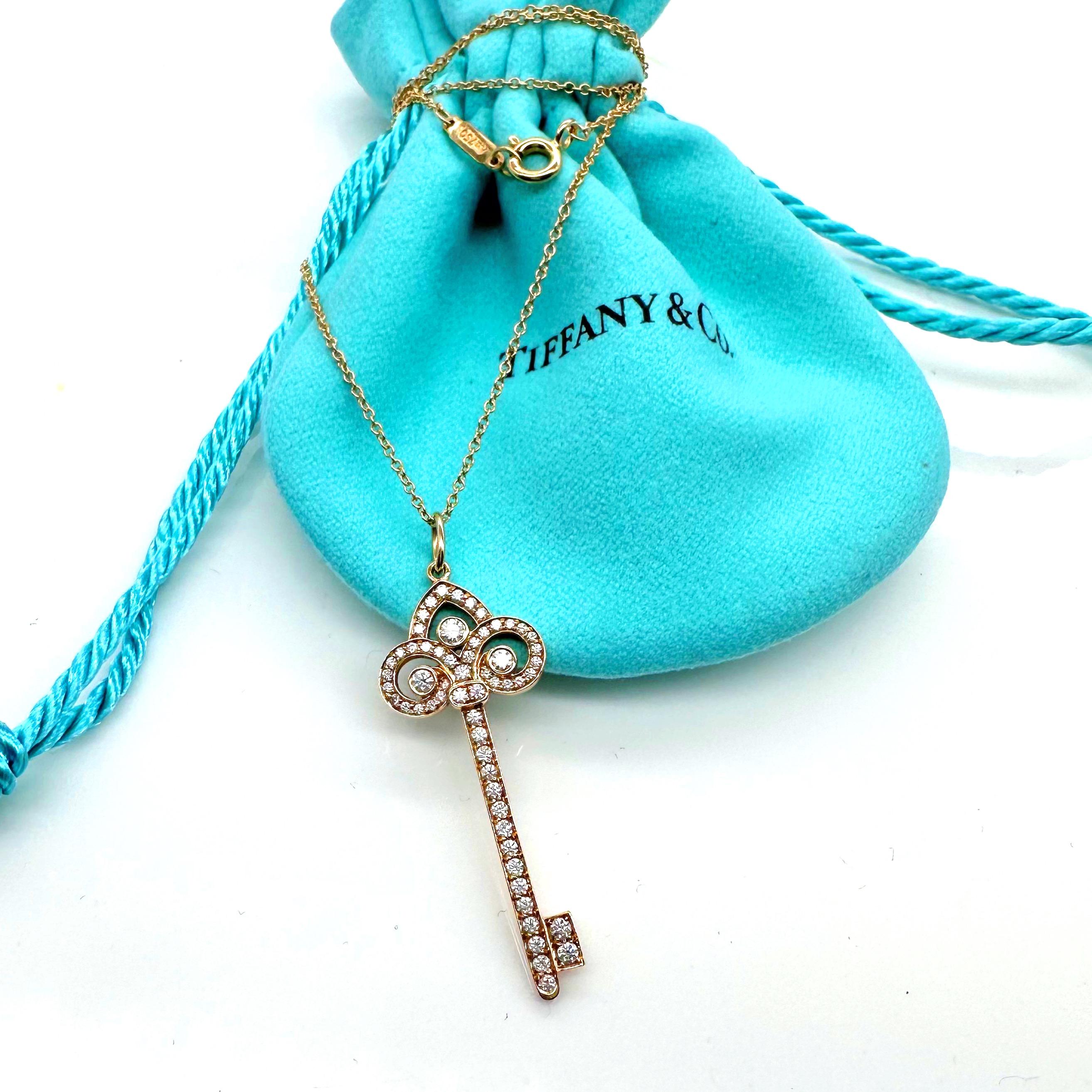 Round Cut Tiffany & Co Fleur De Lis Diamond Key Pendant in 18 Karat Rose Gold For Sale