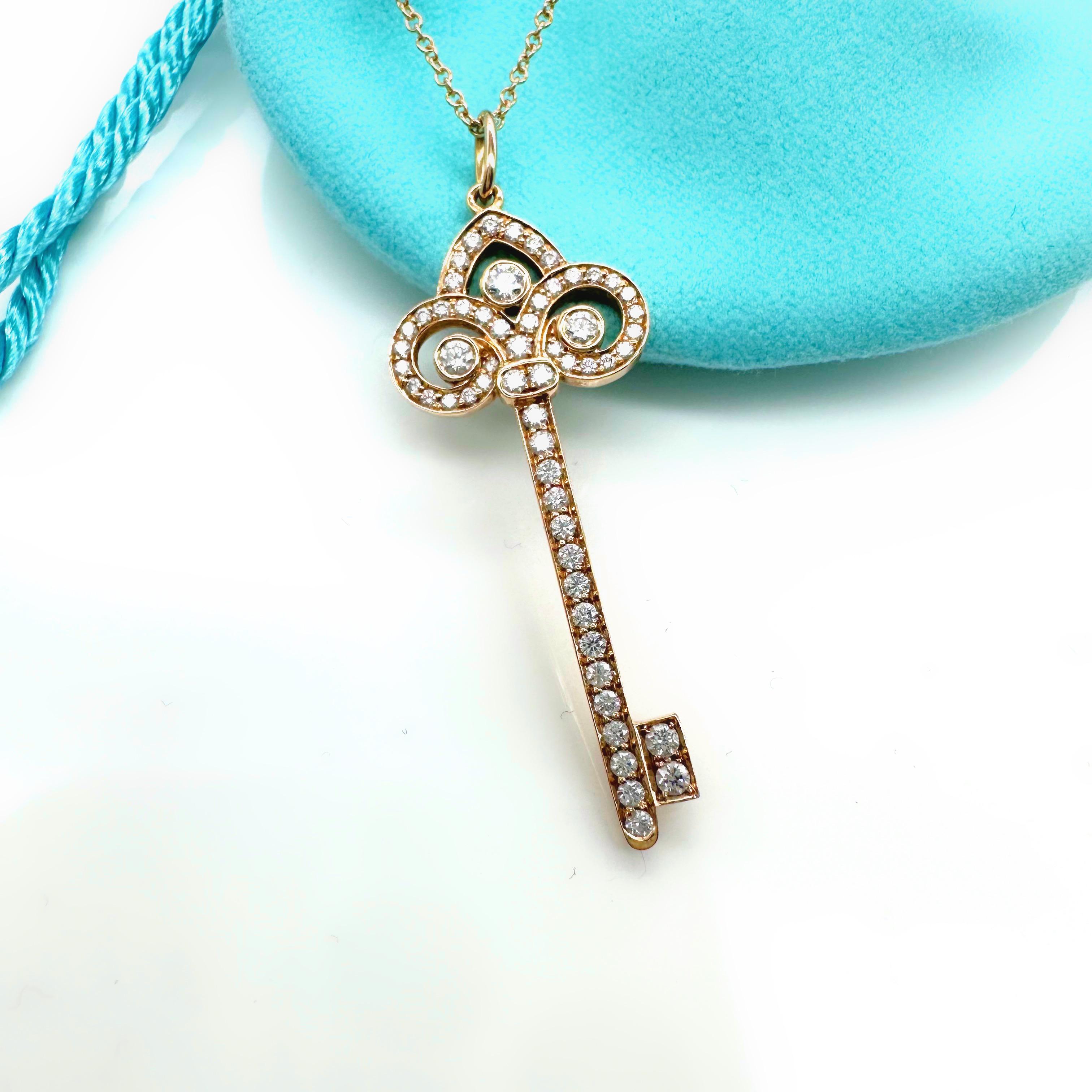 Tiffany & Co Fleur De Lis Diamond Key Pendant in 18 Karat Rose Gold In Excellent Condition For Sale In San Diego, CA
