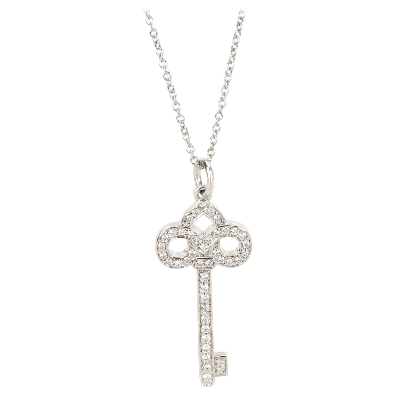 Tiffany and Co. Fleur-De-Lis Diamond Key Pendant Necklace in Platinum 0 ...
