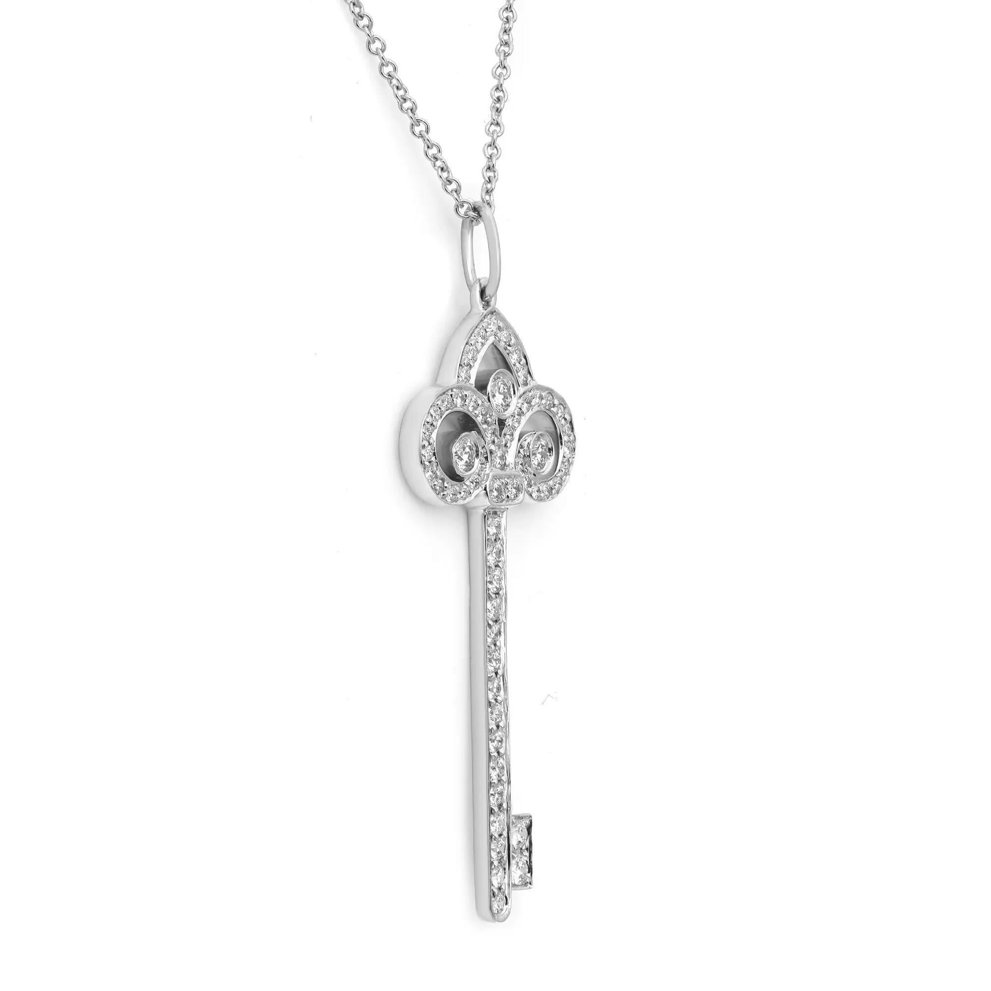 Modern Tiffany & Co Fleur De Lis Diamond Key Pendant Necklace Platinum 16 Inches For Sale