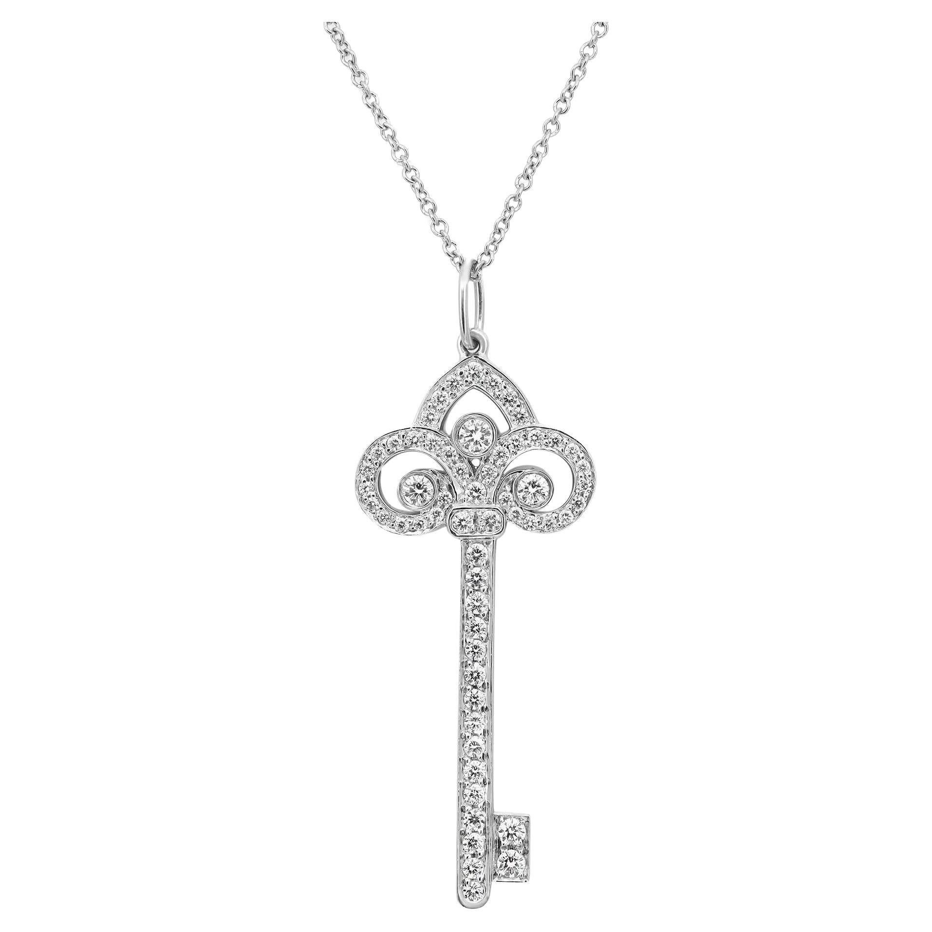 Tiffany & Co Fleur De Lis Diamond Key Pendant Necklace Platinum 16 Inches
