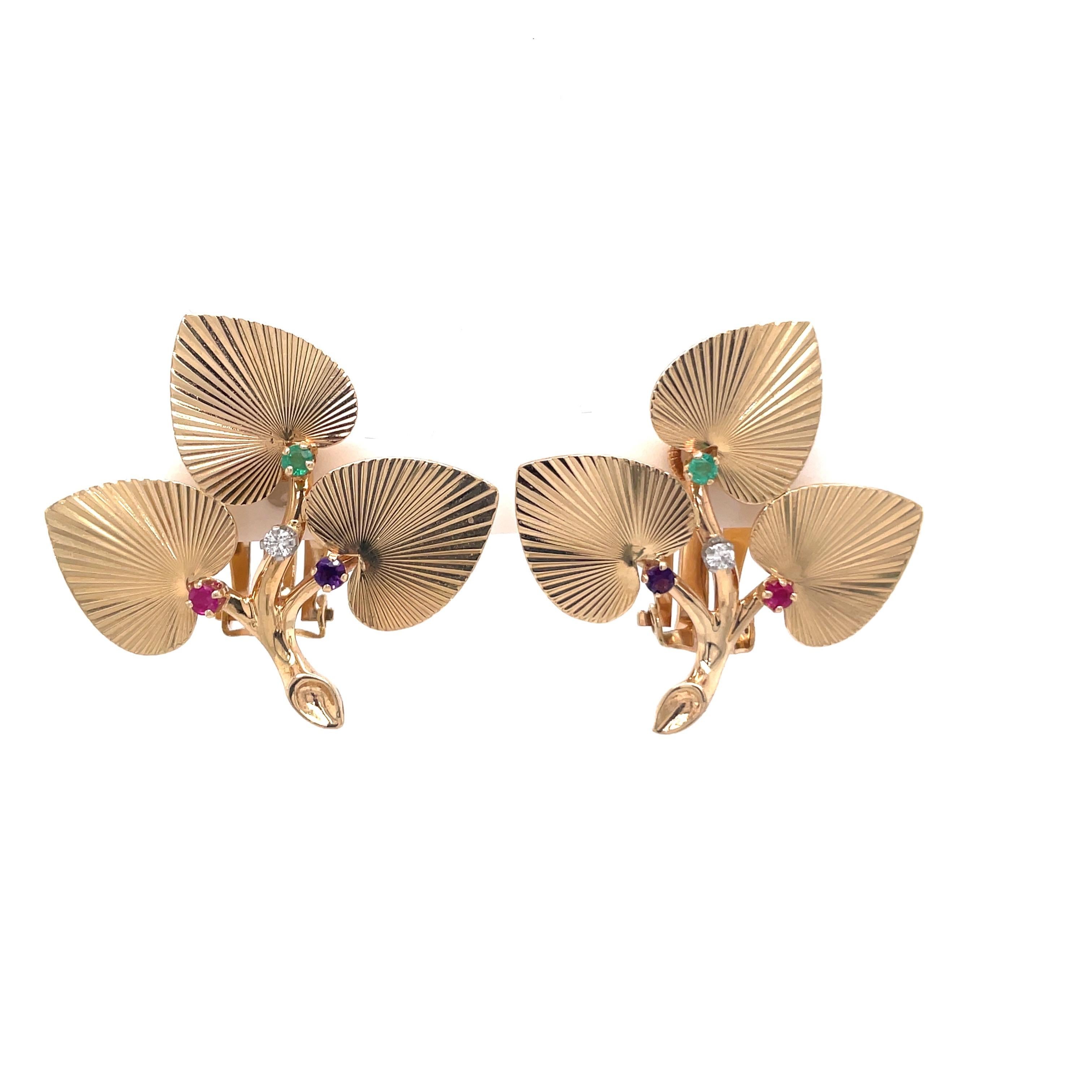 TIFFANY & CO, floral earrings featuring an Emerald, Ruby, Amethyst & Diamond crafted in 14 Karat Yellow Gold. Comes in Tiffany box. 