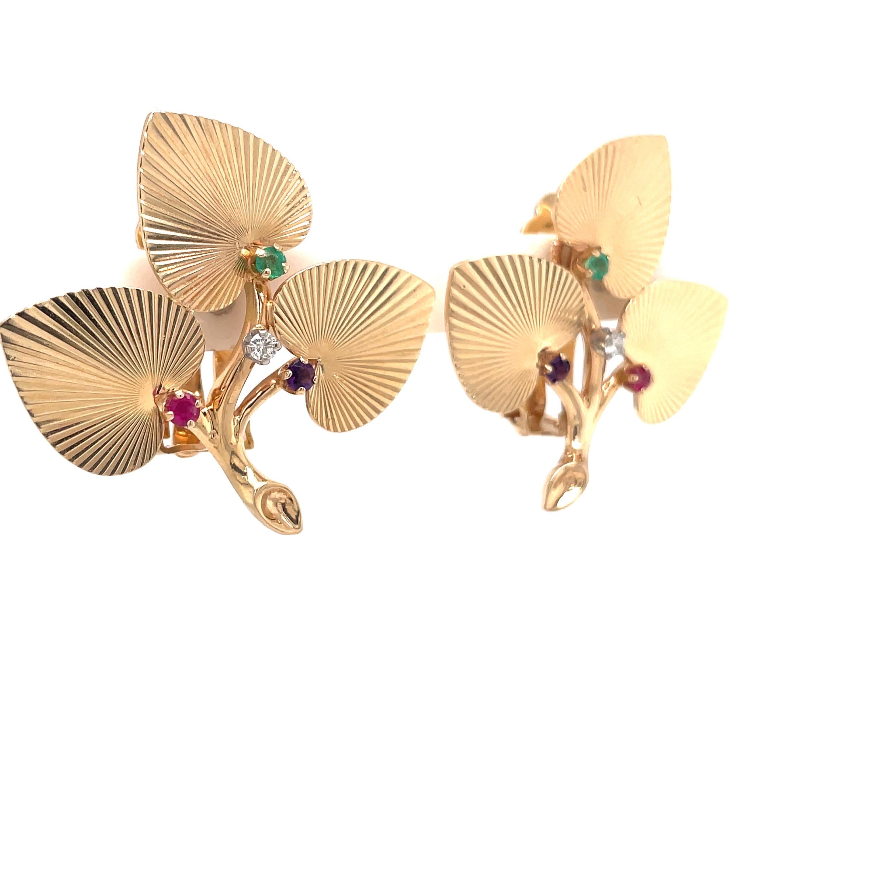Tiffany & Co., Floral Gemstone Earrings 14 Karat Yellow Gold In Excellent Condition In New York, NY