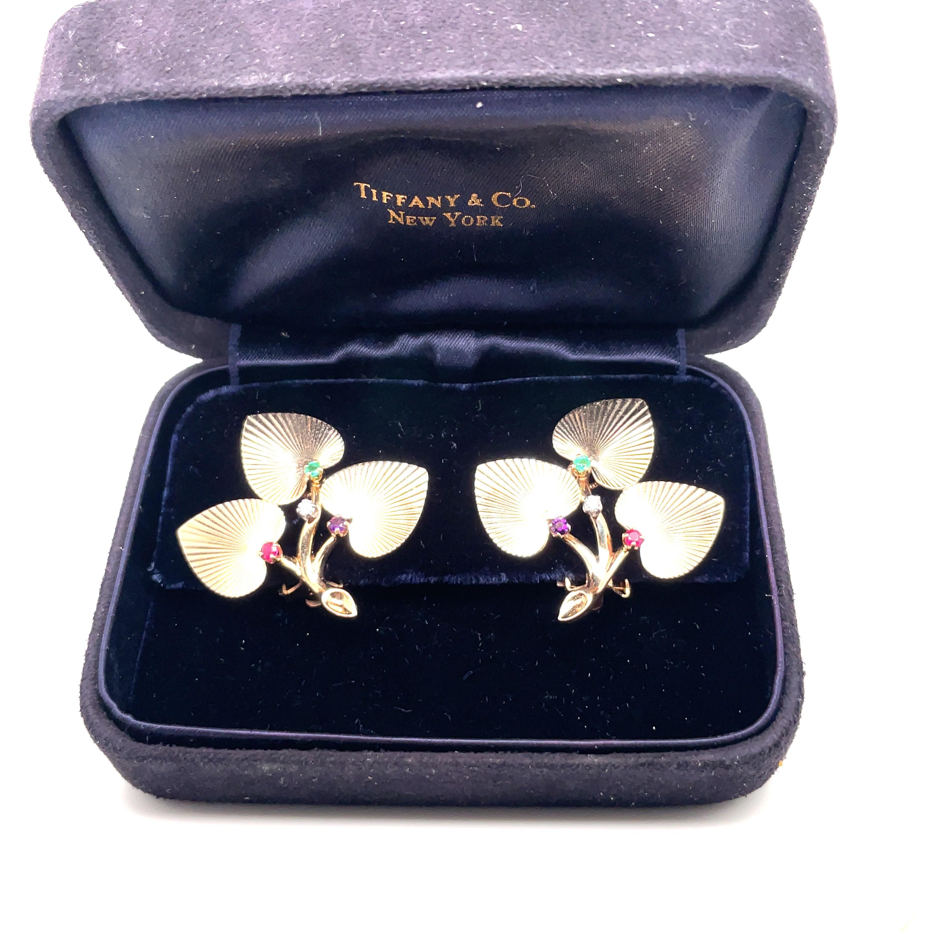 Tiffany & Co., Floral Gemstone Earrings 14 Karat Yellow Gold 2