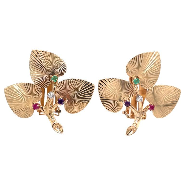 Tiffany & Co. Floral Gemstone Large Pin Brooch 14 Karat Yellow Gold 10.6 Grams For Sale 3