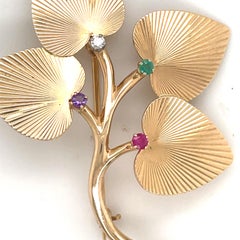 Tiffany & Co. Floral Gemstone Large Pin Brooch 14 Karat Yellow Gold 10.6 Grams